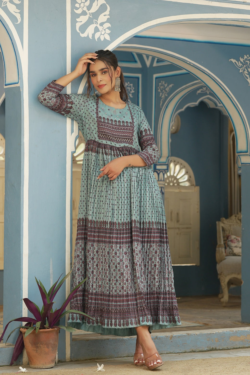 Juniper Sky Blue Ethnic Motif Printed Muslin Maxi Dress with Beads Work