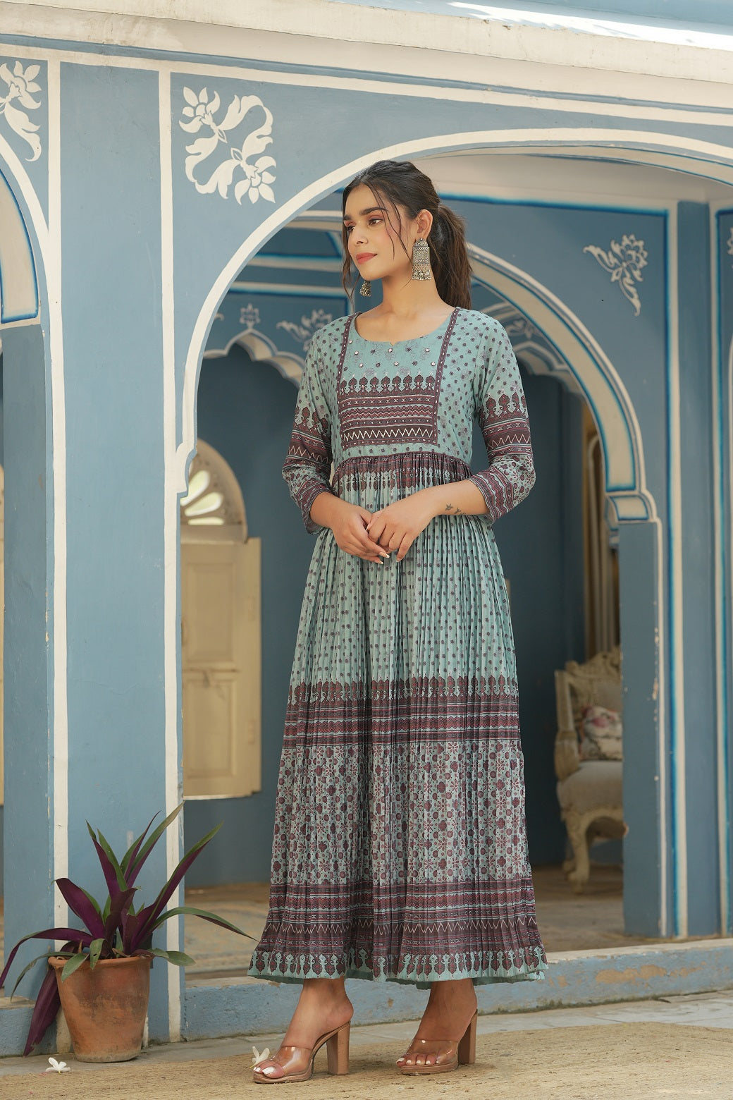 Juniper Sky Blue Ethnic Motif Printed Muslin Maxi Dress with Beads Work