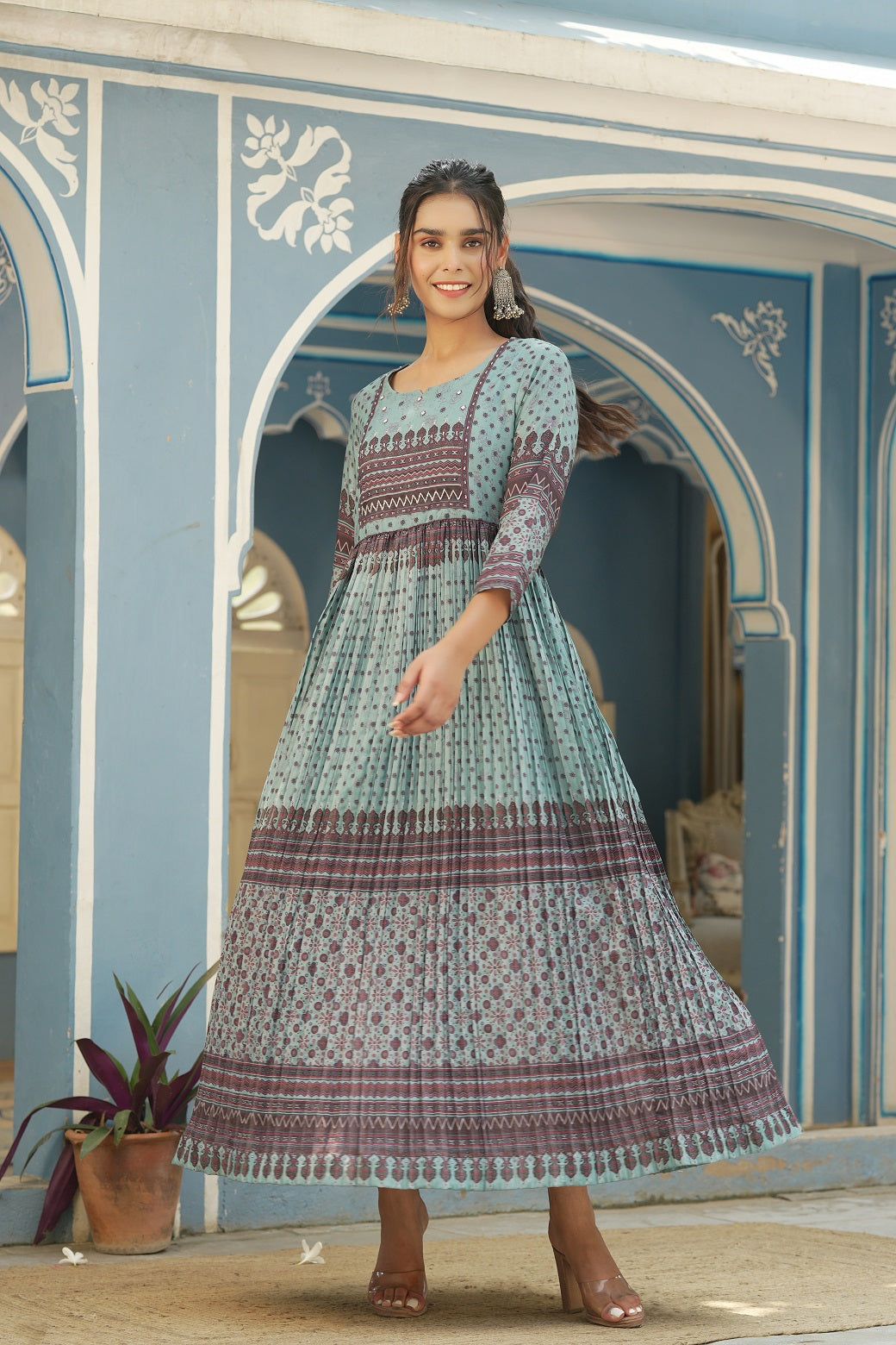 Juniper Sky Blue Ethnic Motif Printed Muslin Maxi Dress with Beads Work