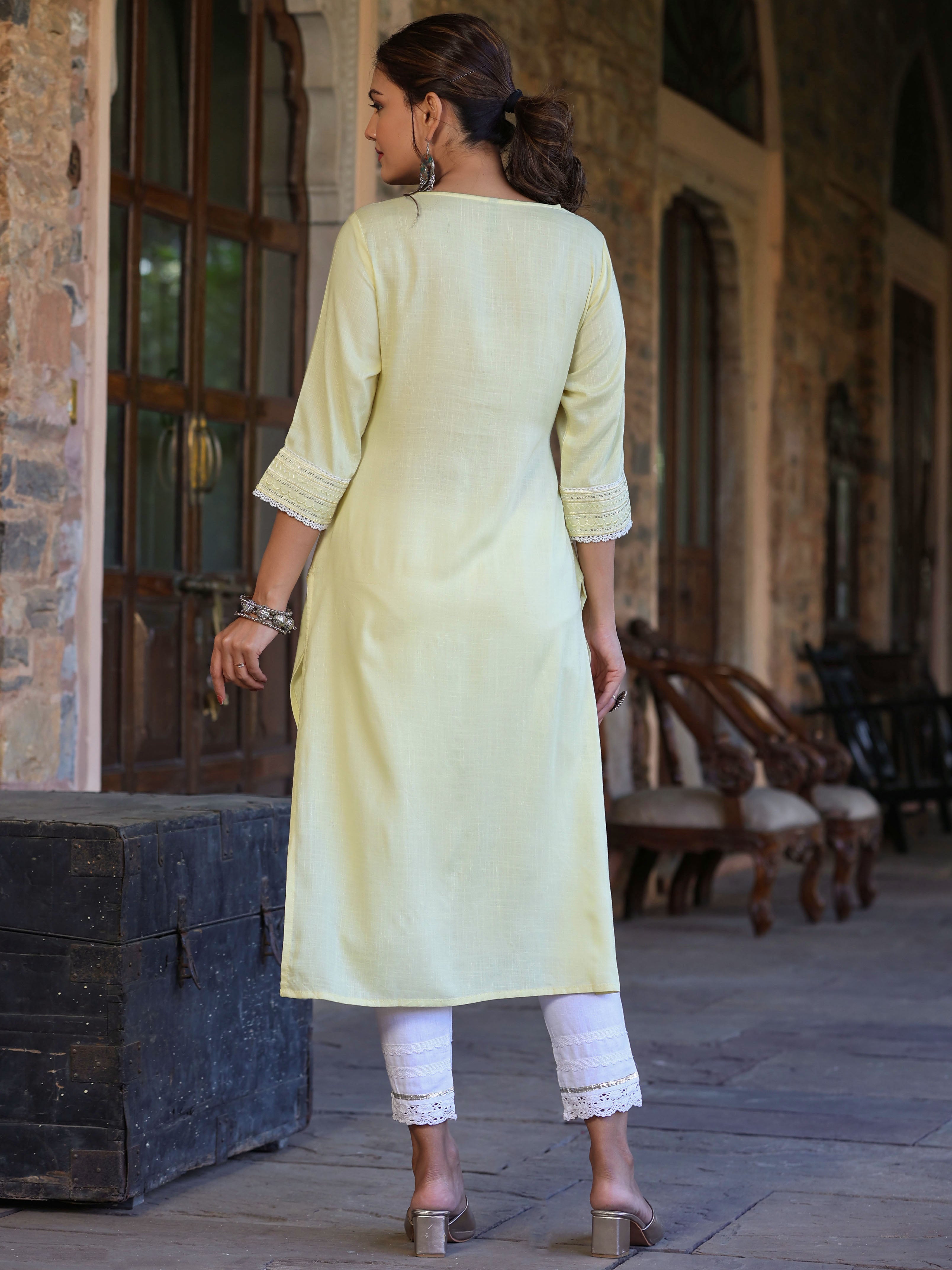Juniper Women's Lemon Rayon Slub Solid Embroidered Straight Kurta