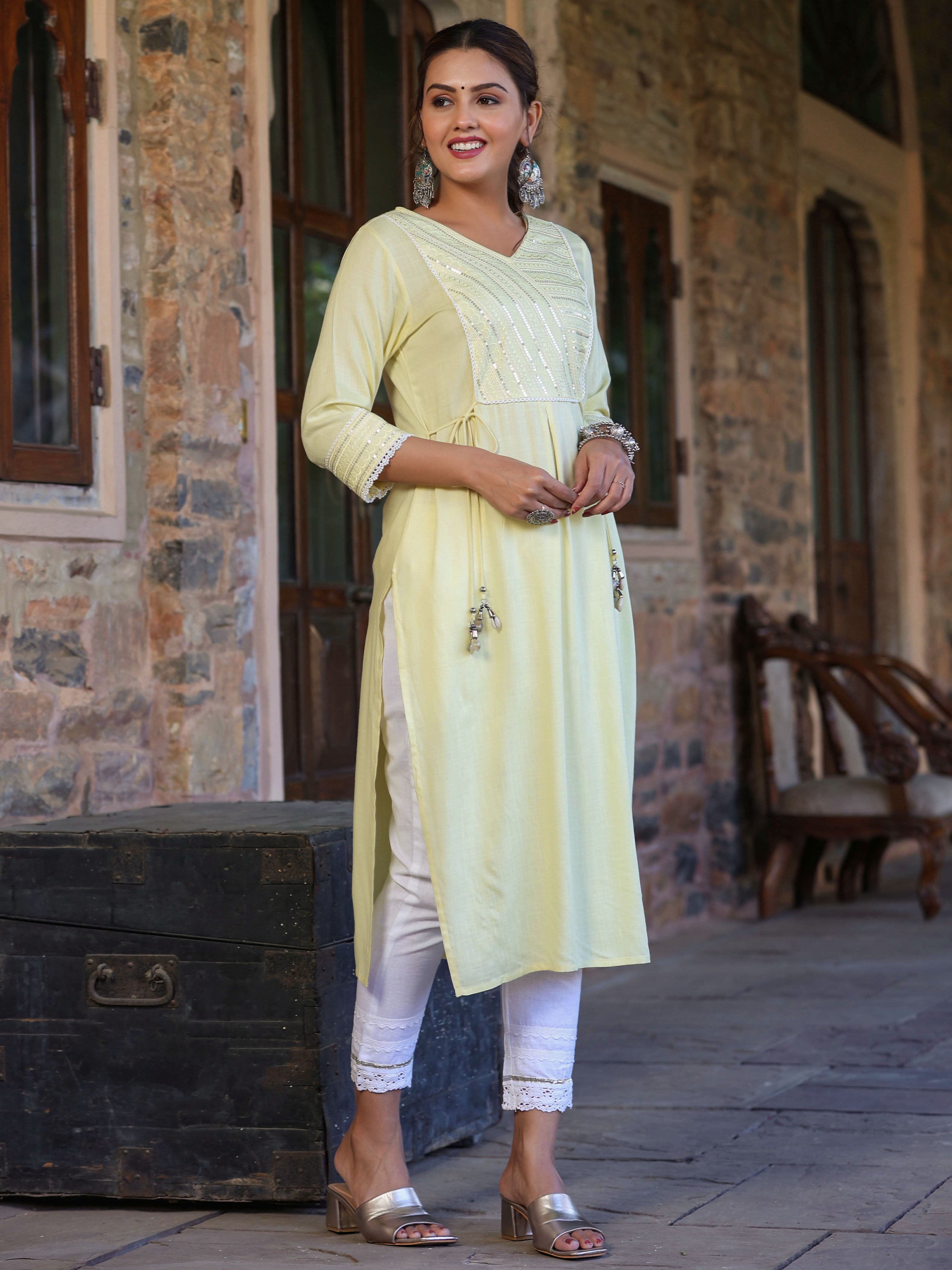 Juniper Women's Lemon Rayon Slub Solid Embroidered Straight Kurta