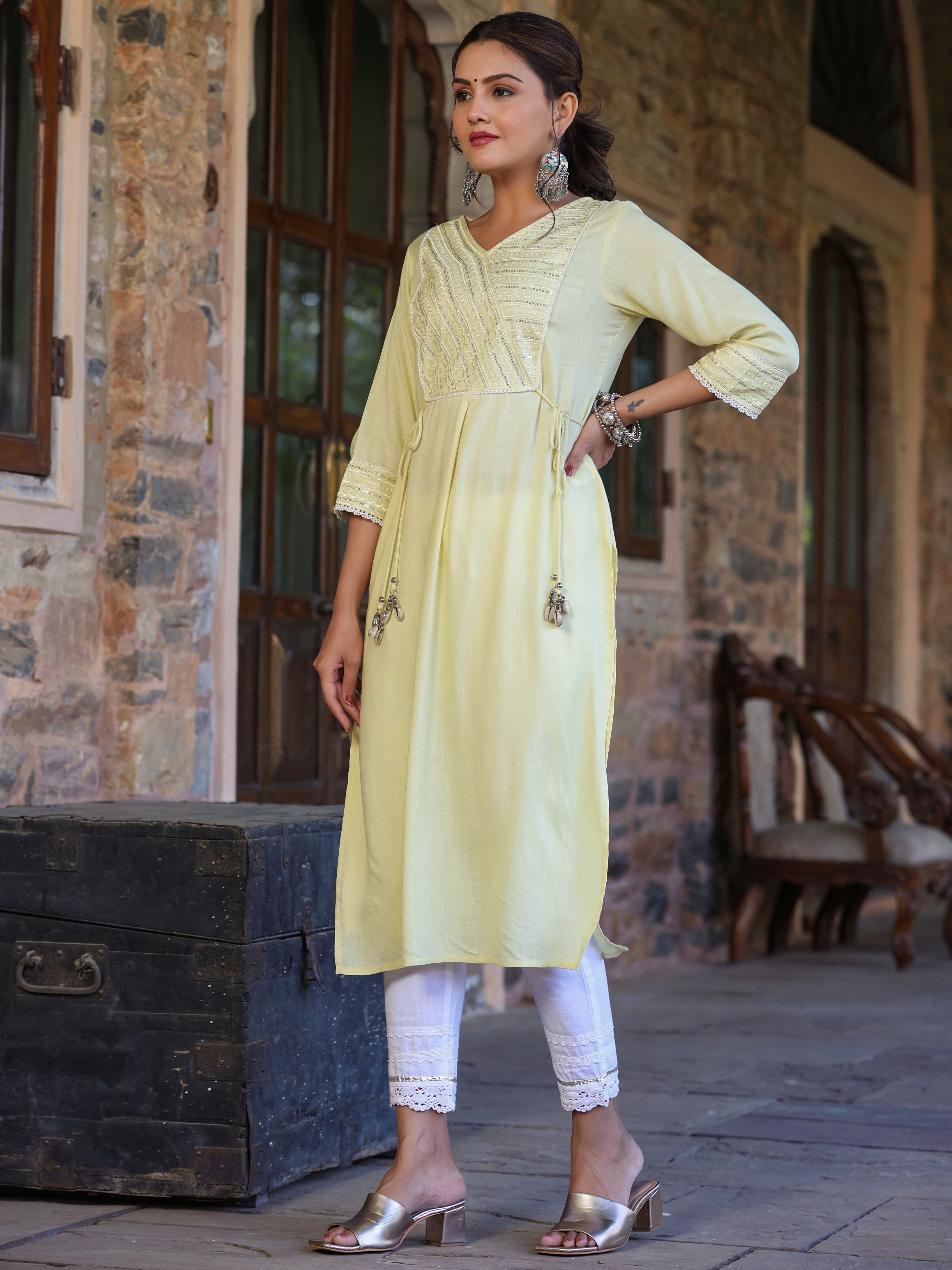 Juniper Women's Lemon Rayon Slub Solid Embroidered Straight Kurta