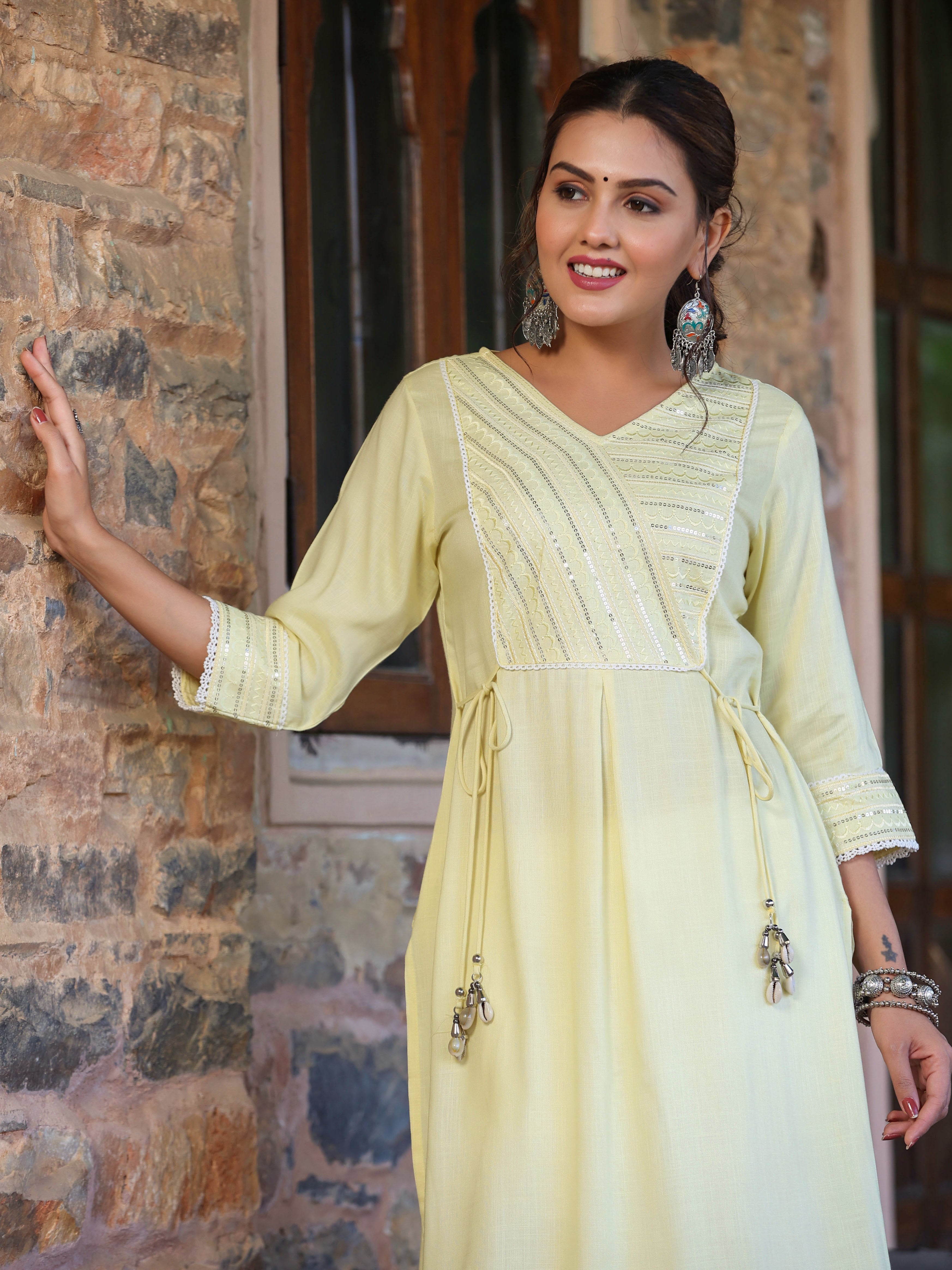 Juniper Women's Lemon Rayon Slub Solid Embroidered Straight Kurta