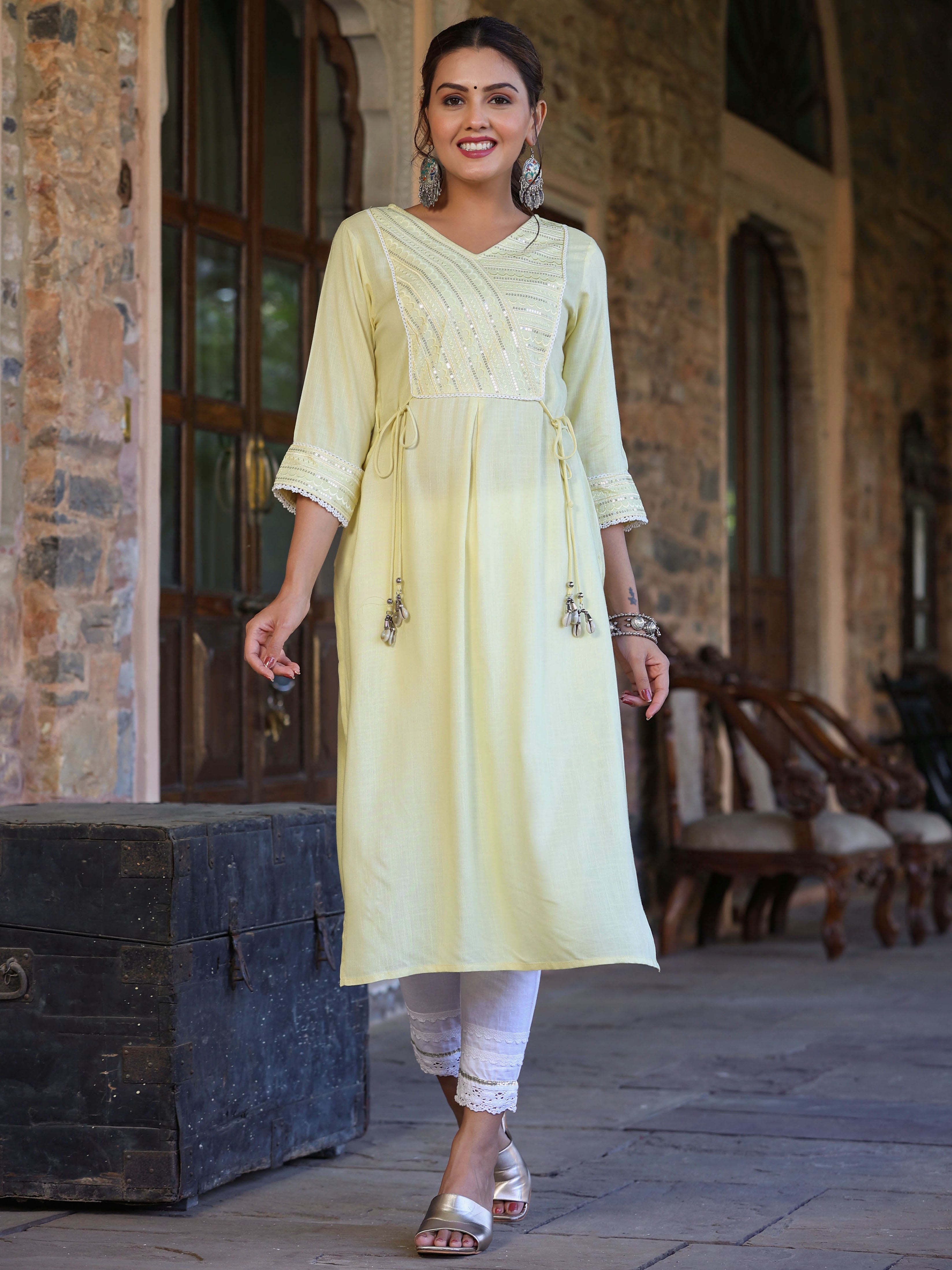 Juniper Women's Lemon Rayon Slub Solid Embroidered Straight Kurta