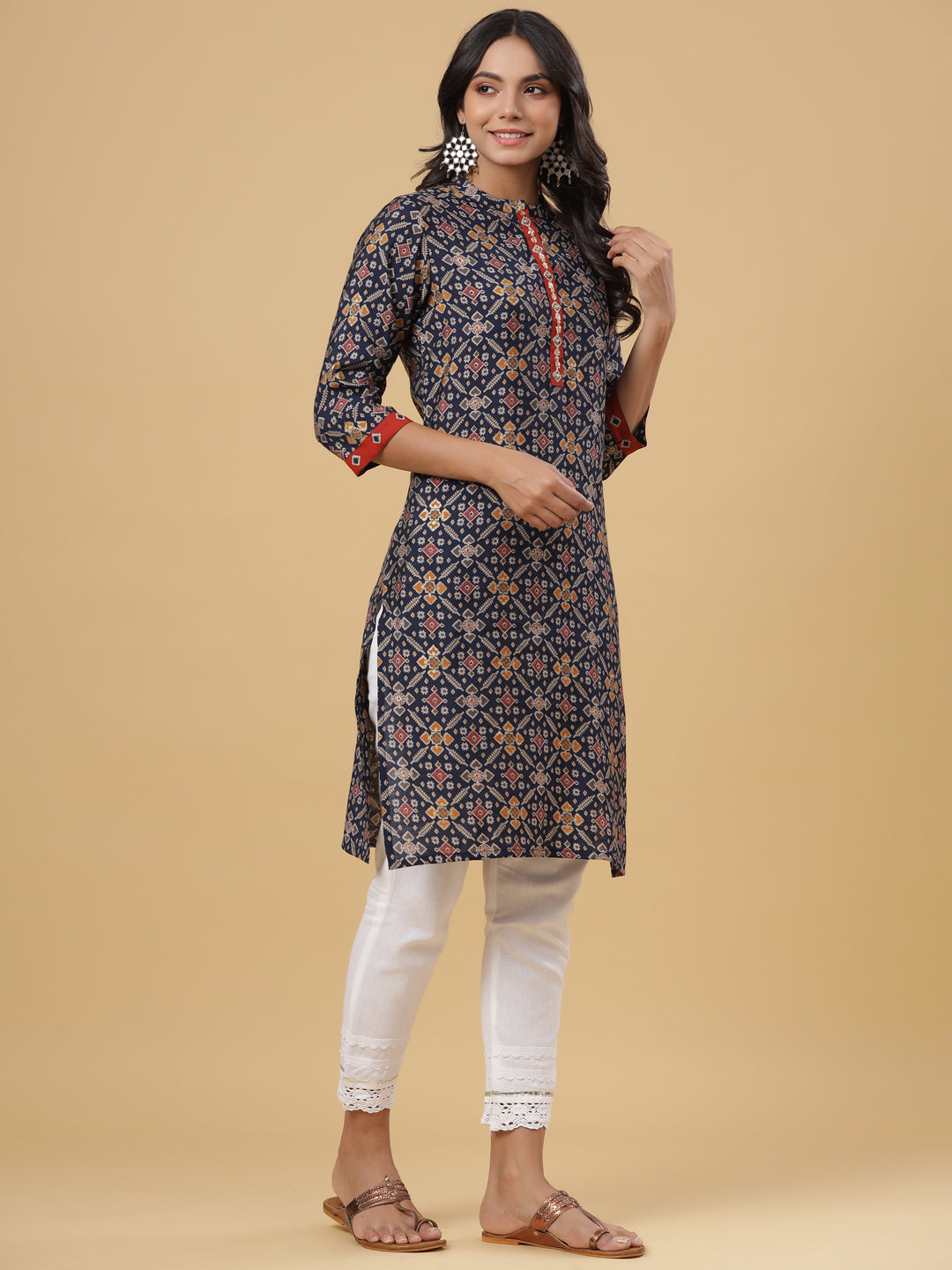 Juniper Women's Navy Printed Muslin Straight Kurta