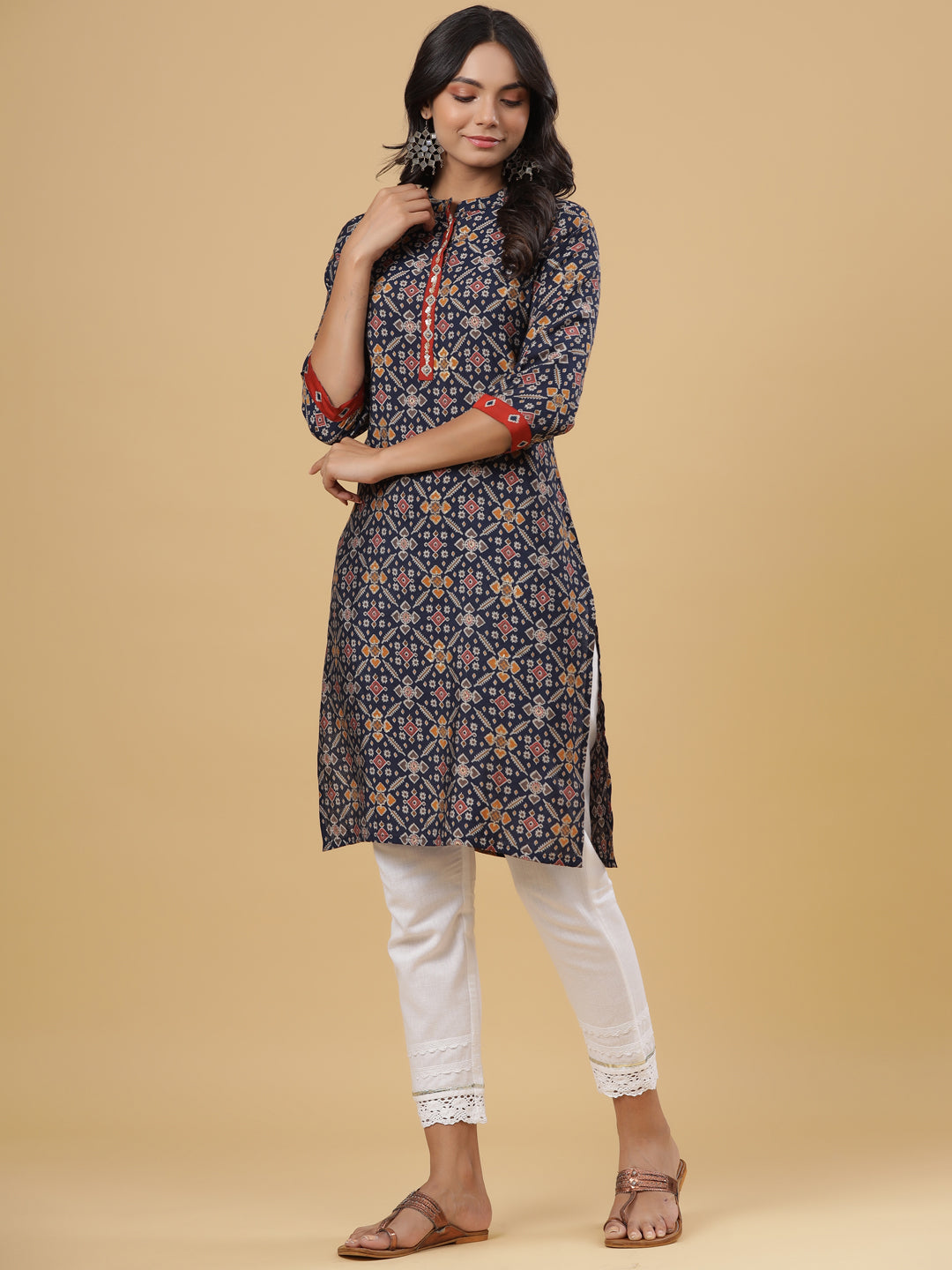 Juniper Women's Navy Printed Muslin Straight Kurta