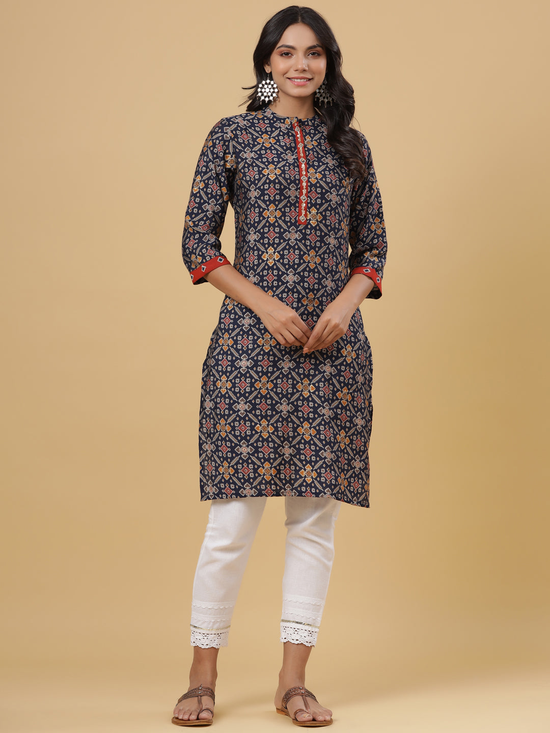 Juniper Women's Navy Printed Muslin Straight Kurta
