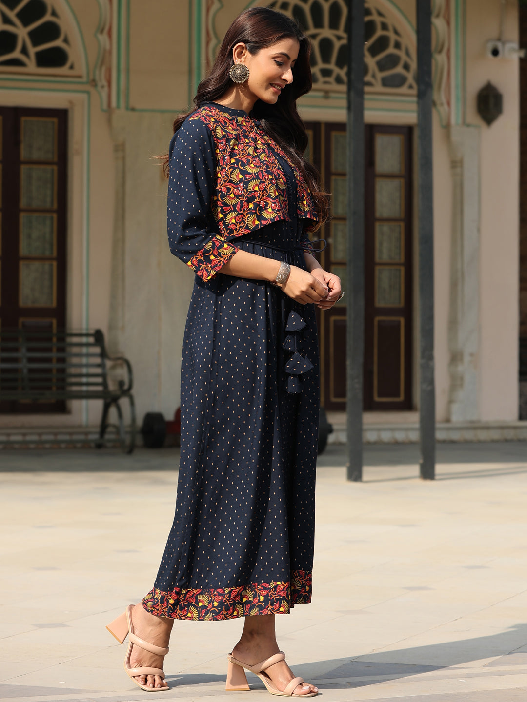 Juniper Women's Blue LIVA Rayon Festive Printed Flared Dress