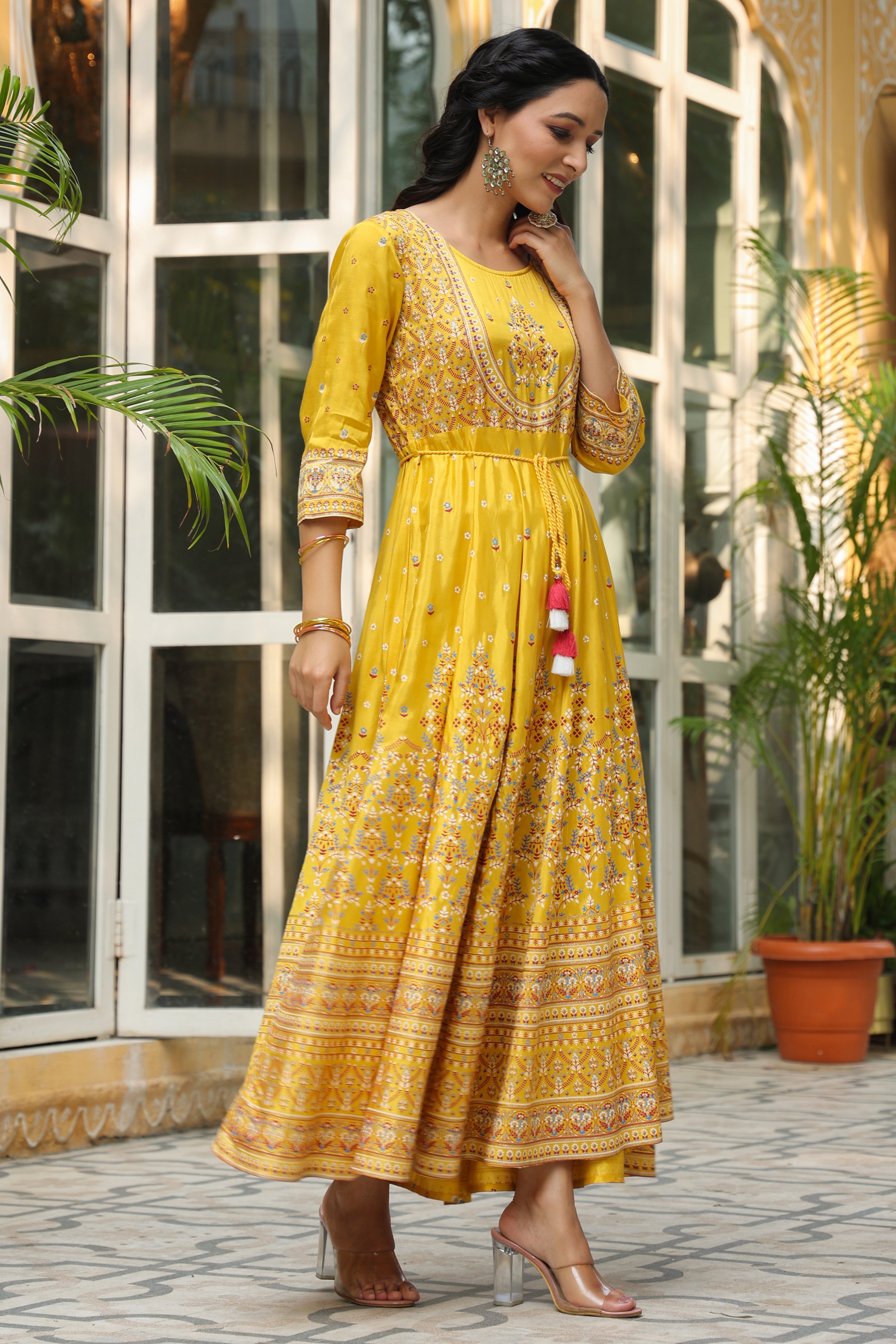 Juniper Women's Mustard Viscose Shantoon Festive Printed Flared Dress