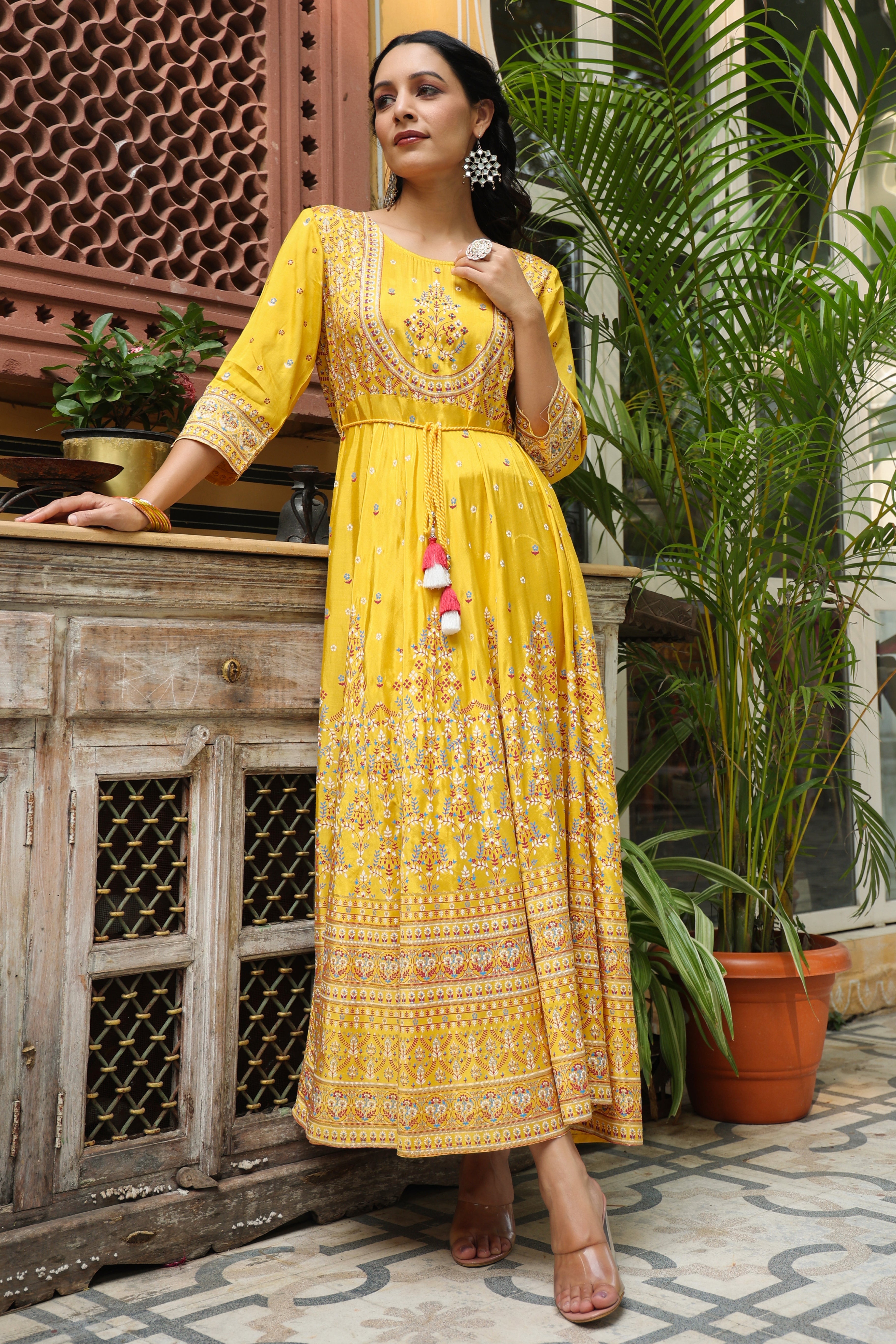 Juniper Women's Mustard Viscose Shantoon Festive Printed Flared Dress