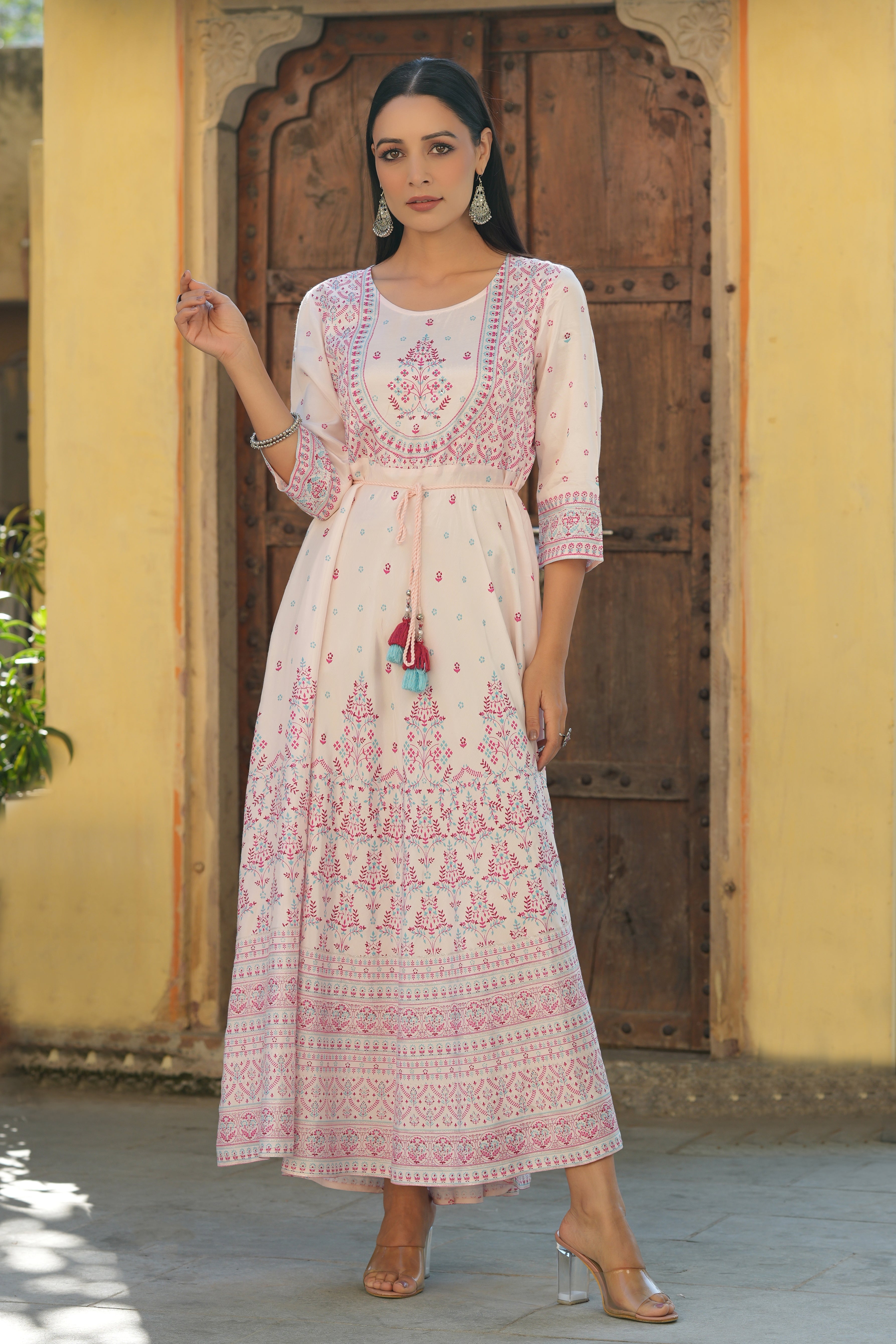 Juniper Pink Ethnic Motif Printed Shantoon Flared Maxi dress With Beads & Sequins Work