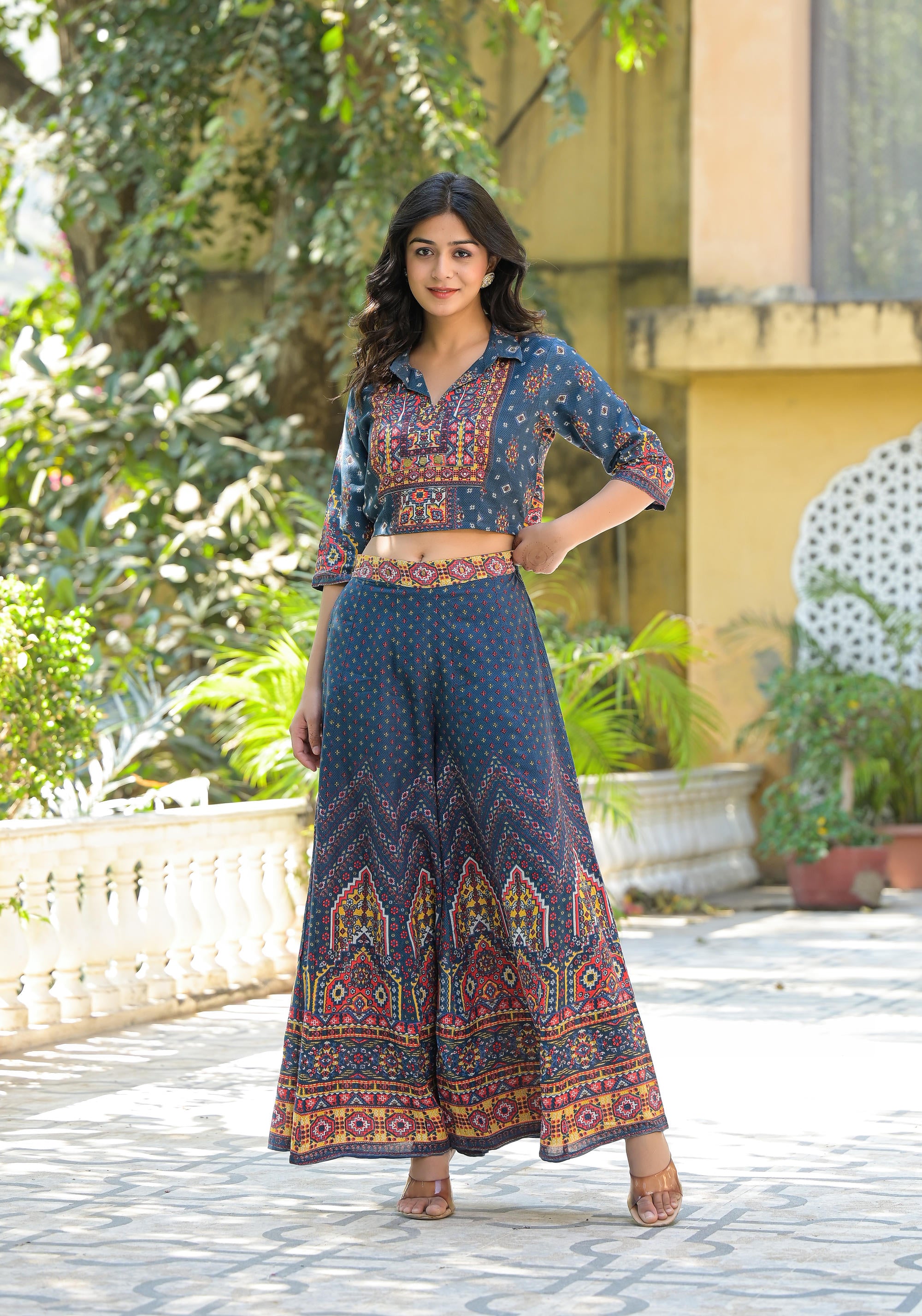 Navy Blue Geometric Printed Liva Rayon Top & Palazzo Set With Sequins & Coins