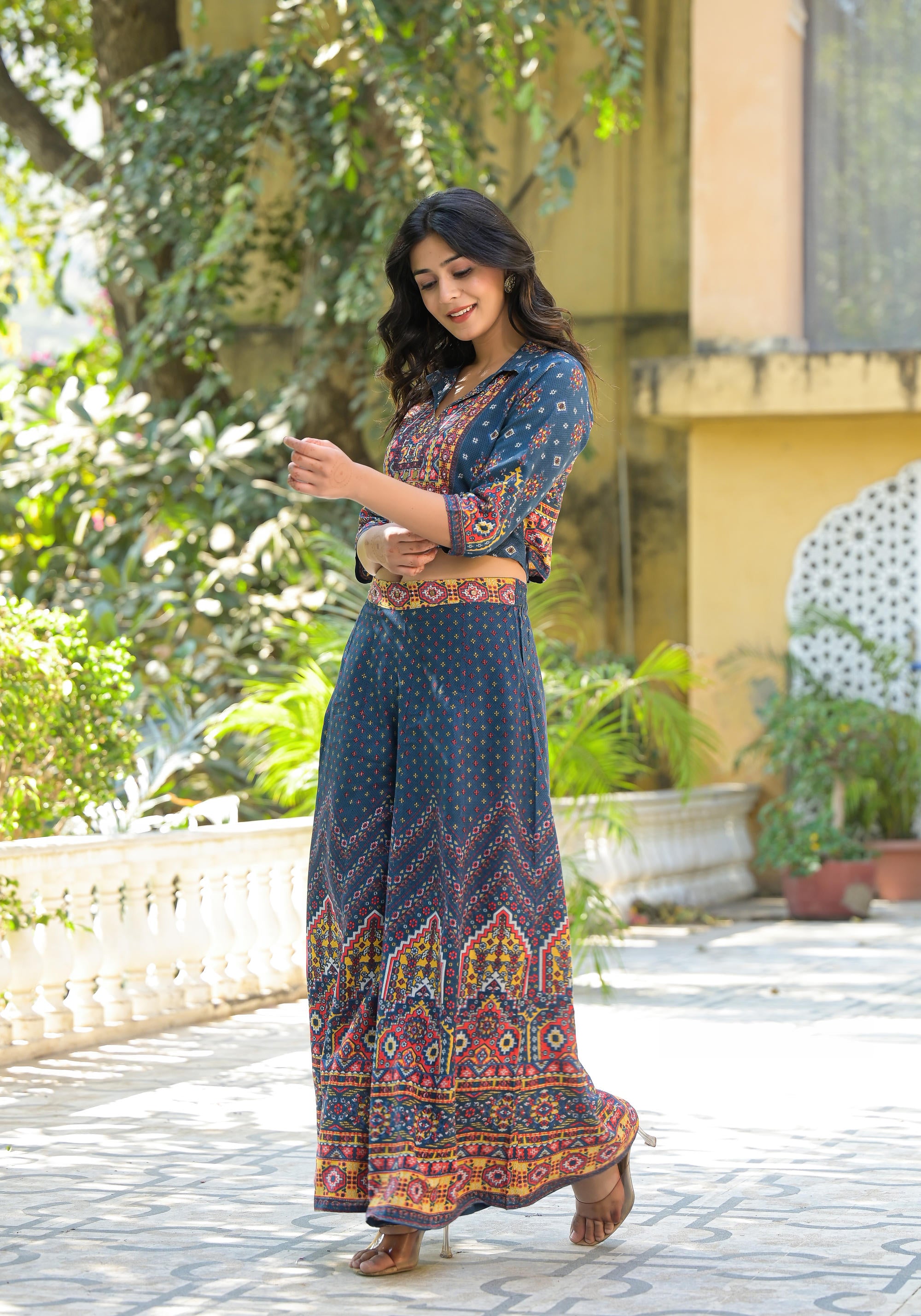 Navy Blue Geometric Printed Liva Rayon Top & Palazzo Set With Sequins & Coins
