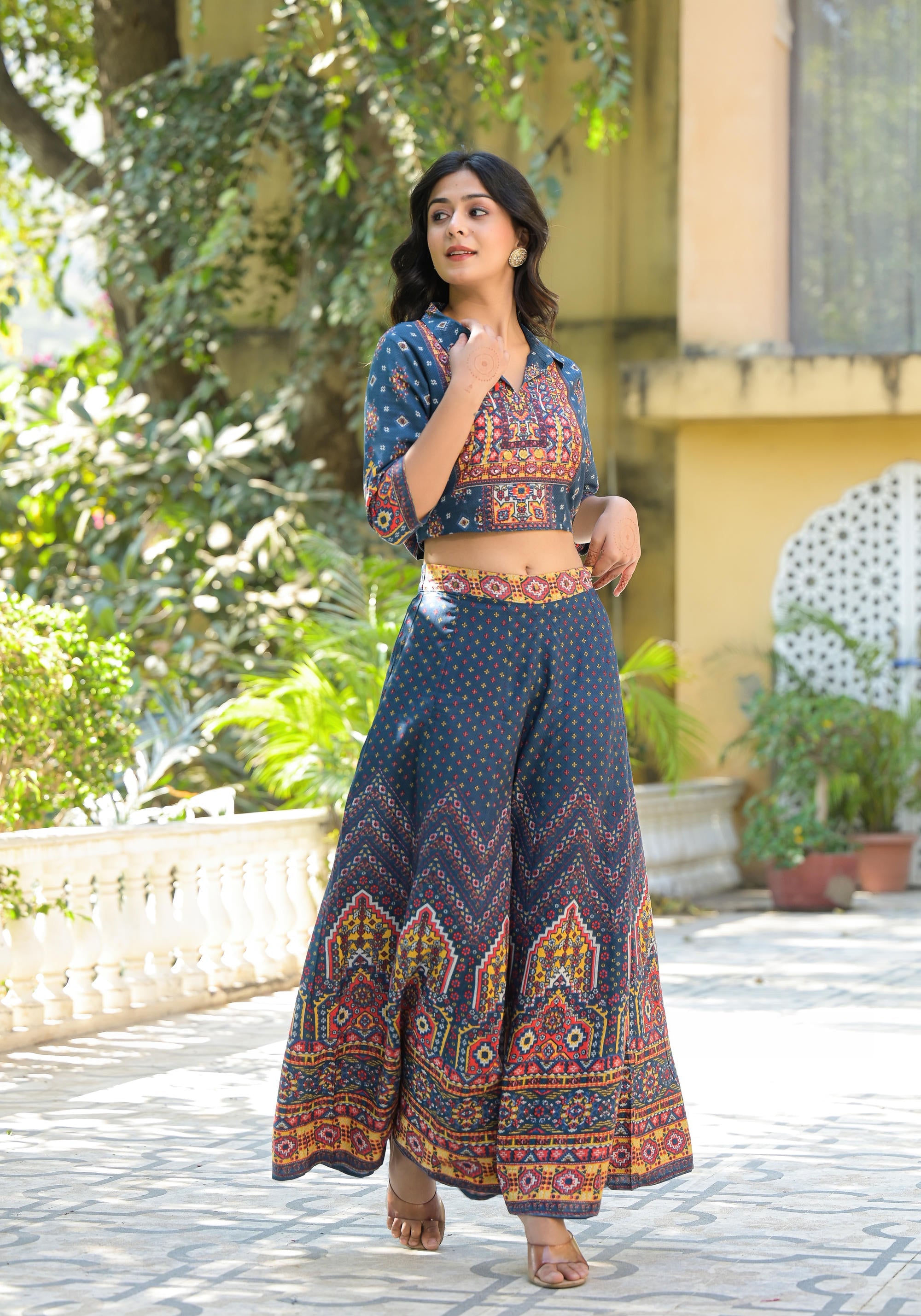 Navy Blue Geometric Printed Liva Rayon Top & Palazzo Set With Sequins & Coins
