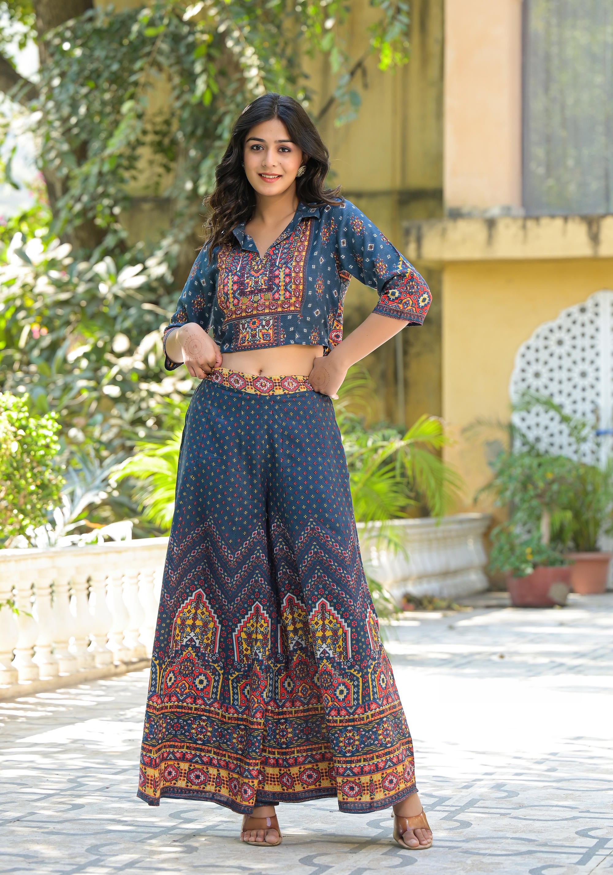 Navy Blue Geometric Printed Liva Rayon Top & Palazzo Set With Sequins & Coins
