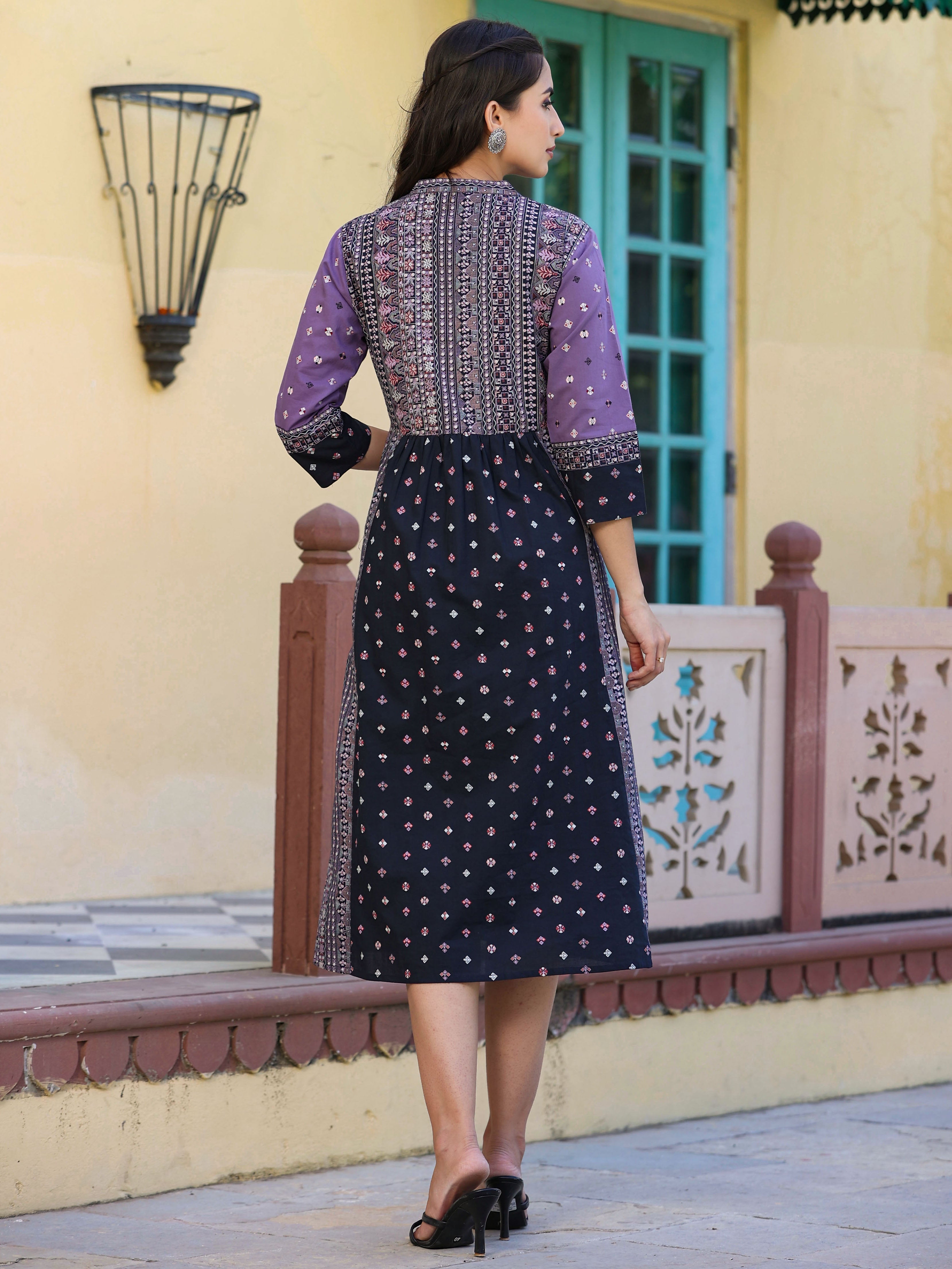 Juniper Women's Lavender Cambric Printed Embroidered Flared Dress