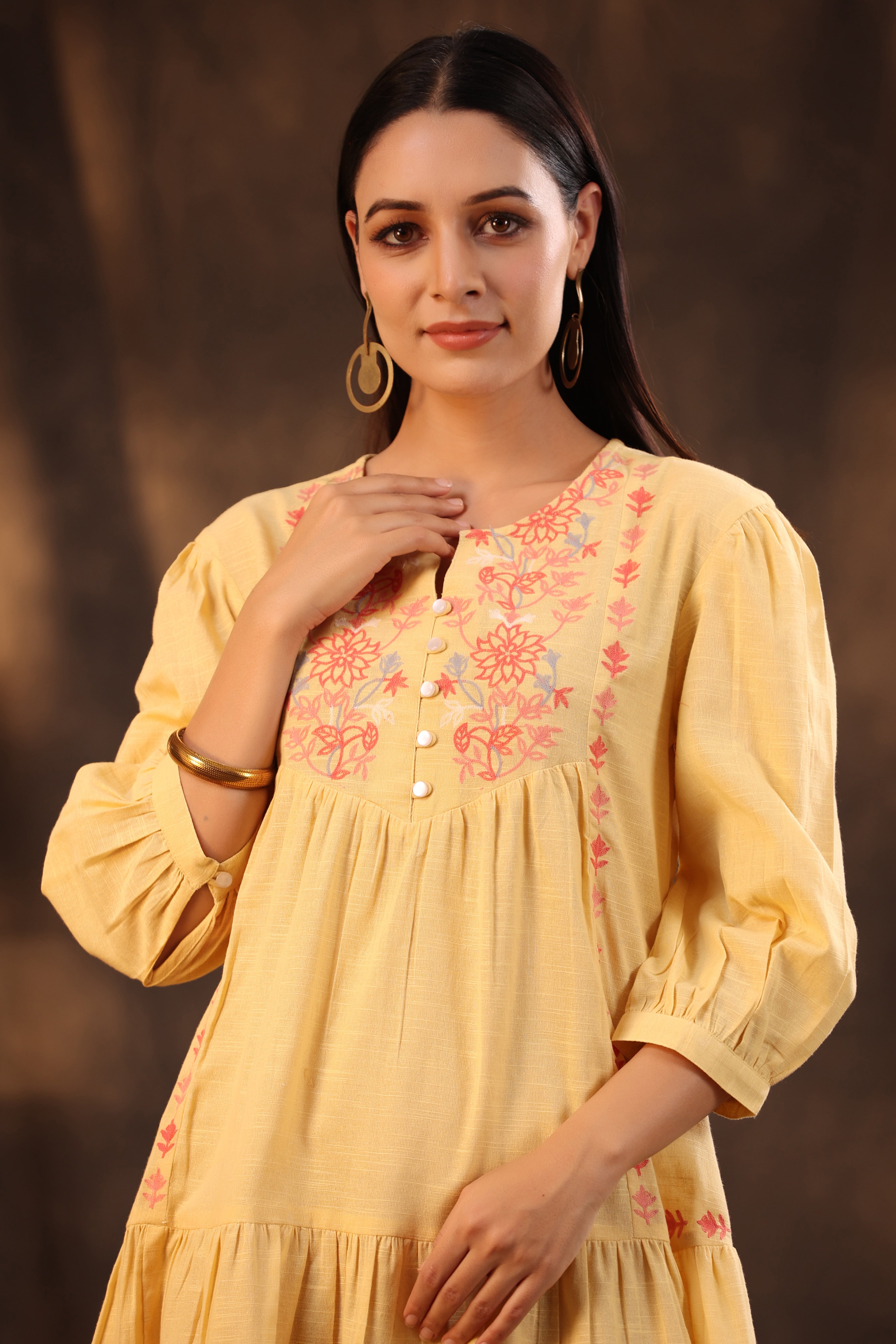 Juniper Yellow Floral Printed Cotton Slub Tiered Midi Dress With Thread Embroidery