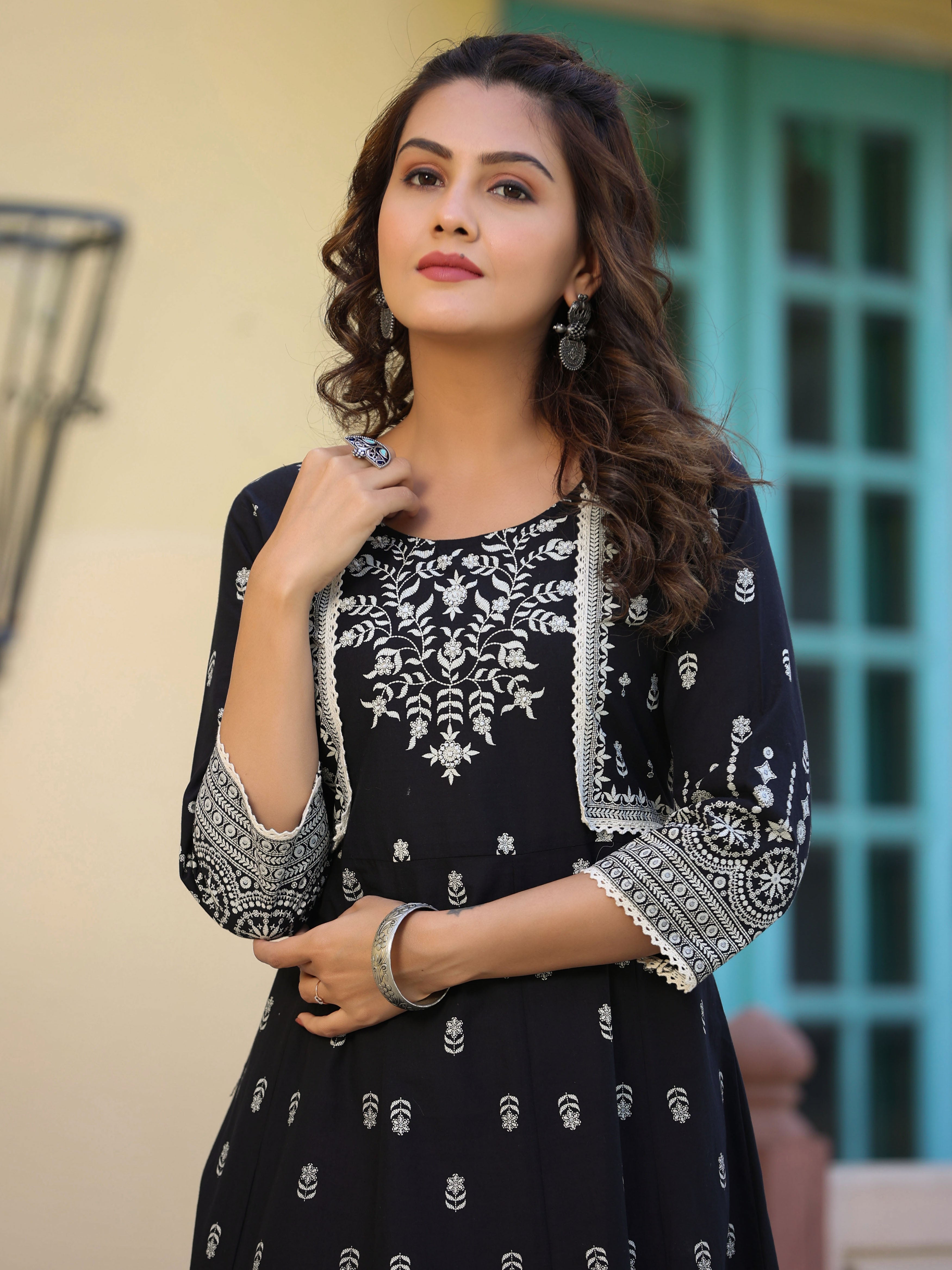 Juniper Women's Black Cambric Printed Anarkali Flared Dress