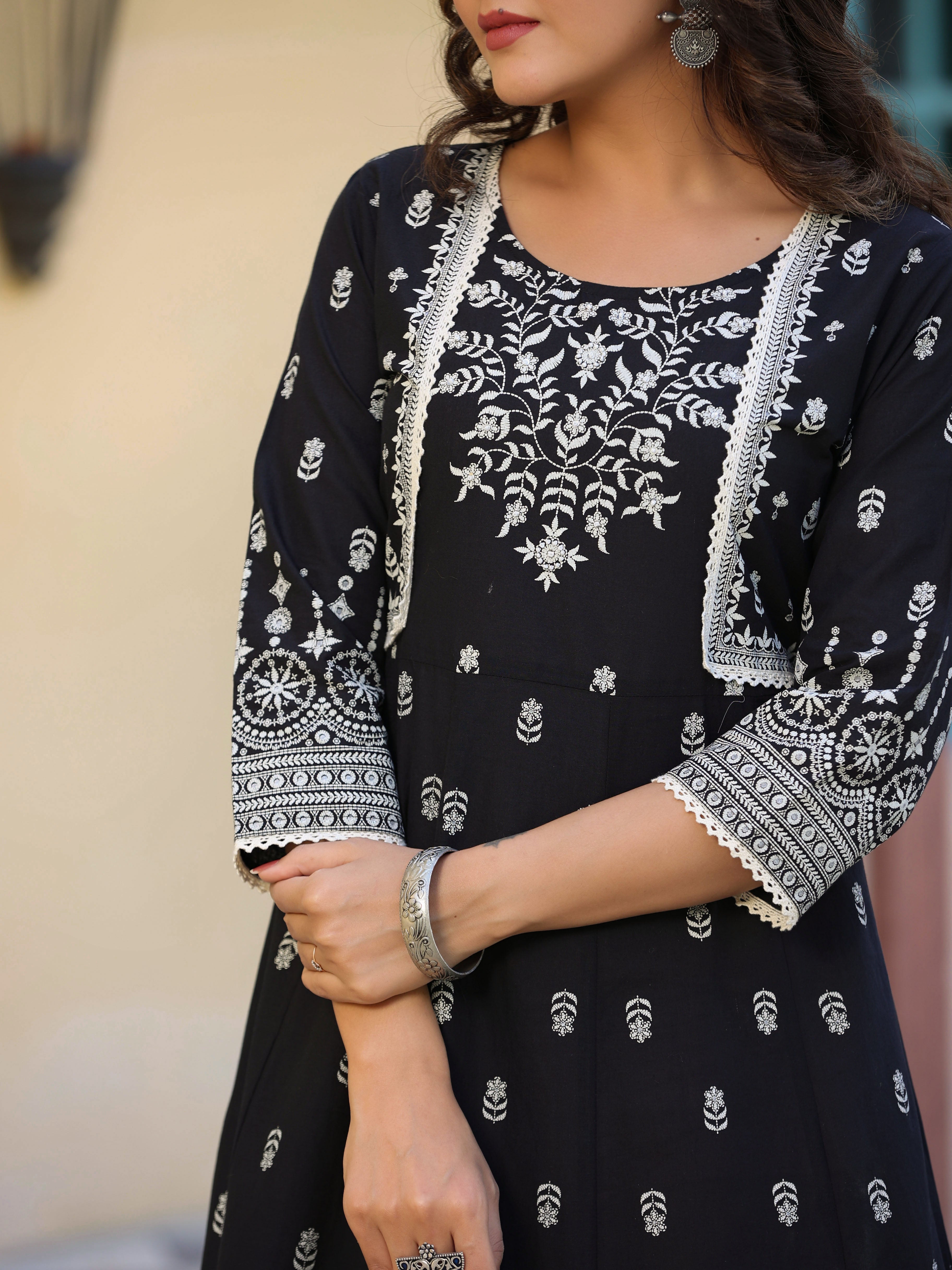 Juniper Women's Black Cambric Printed Anarkali Flared Dress