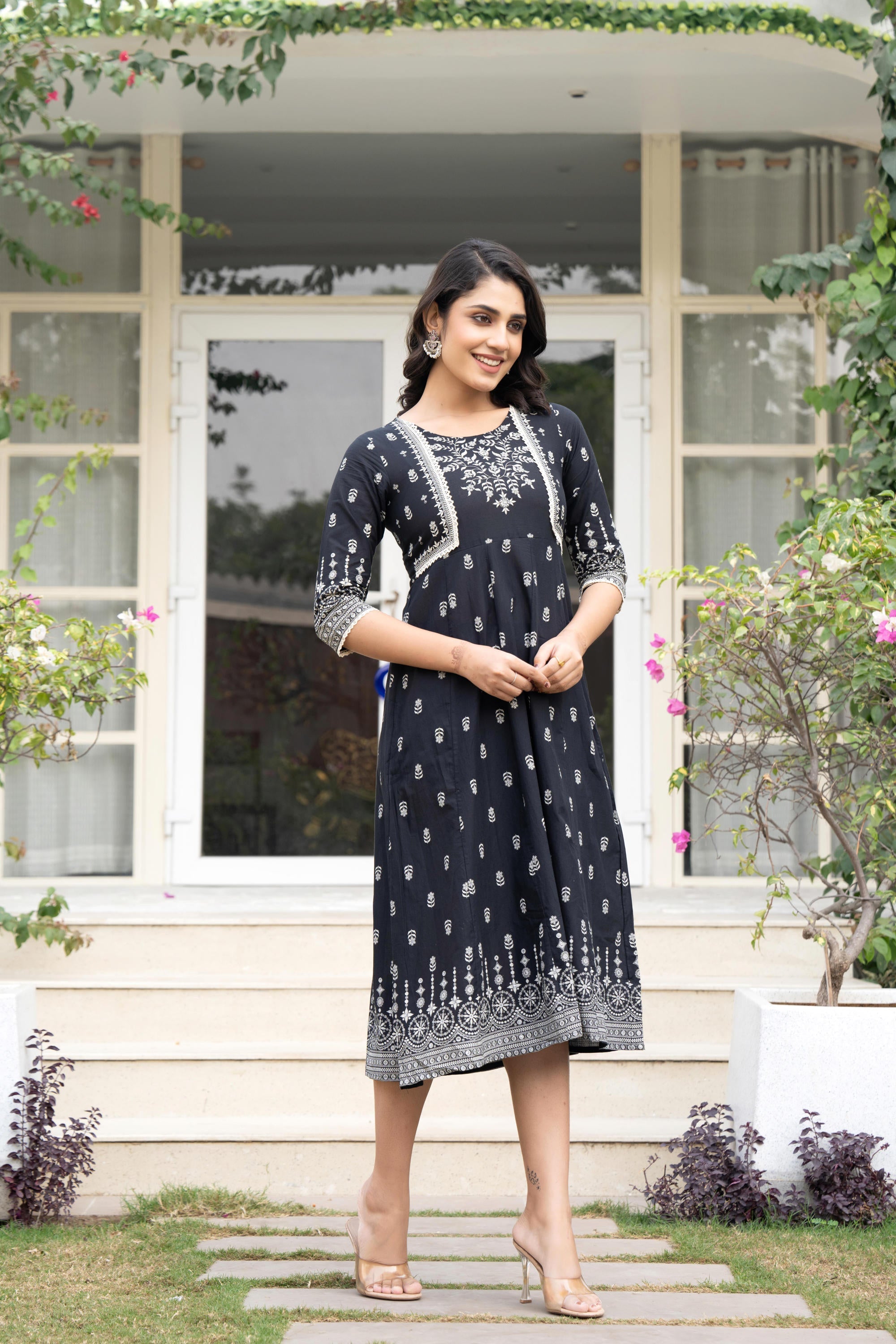 Black Floral Printed Cotton Dress With Thread Work