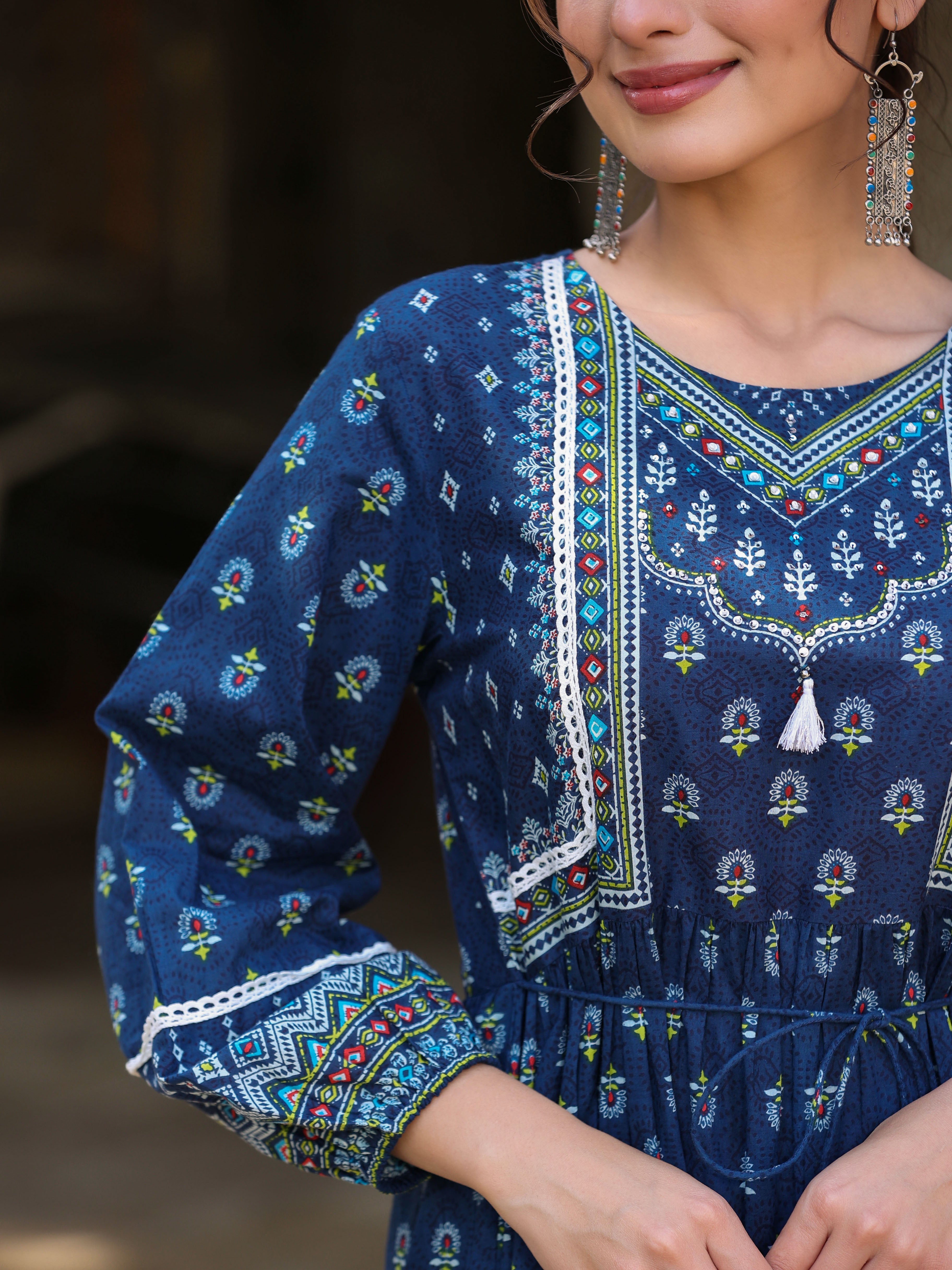 Juniper Navy Blue Ethnic Motif Printed Pure Cotton Tiered Maxi Dress