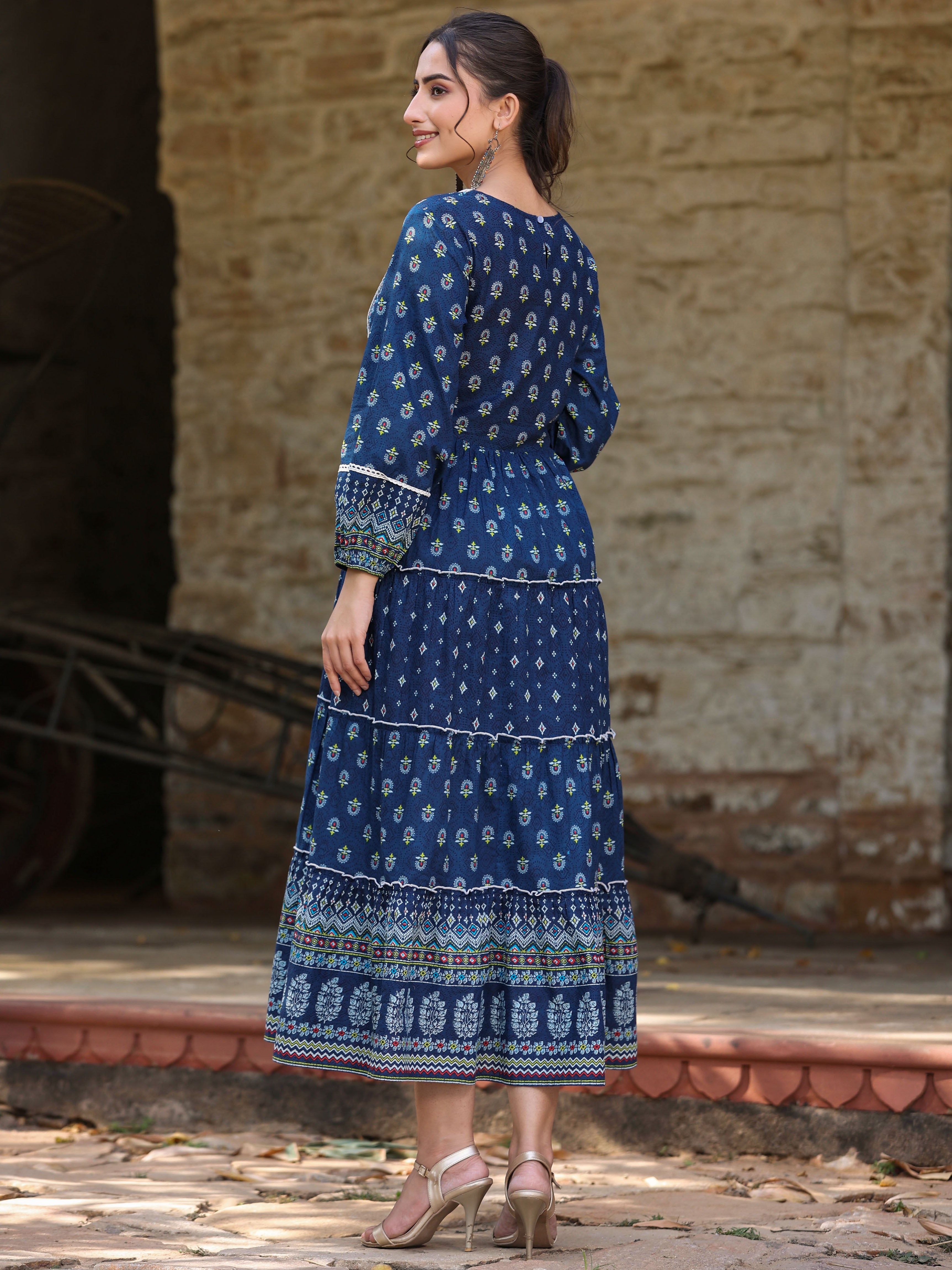 Juniper Navy Blue Ethnic Motif Printed Pure Cotton Tiered Maxi Dress