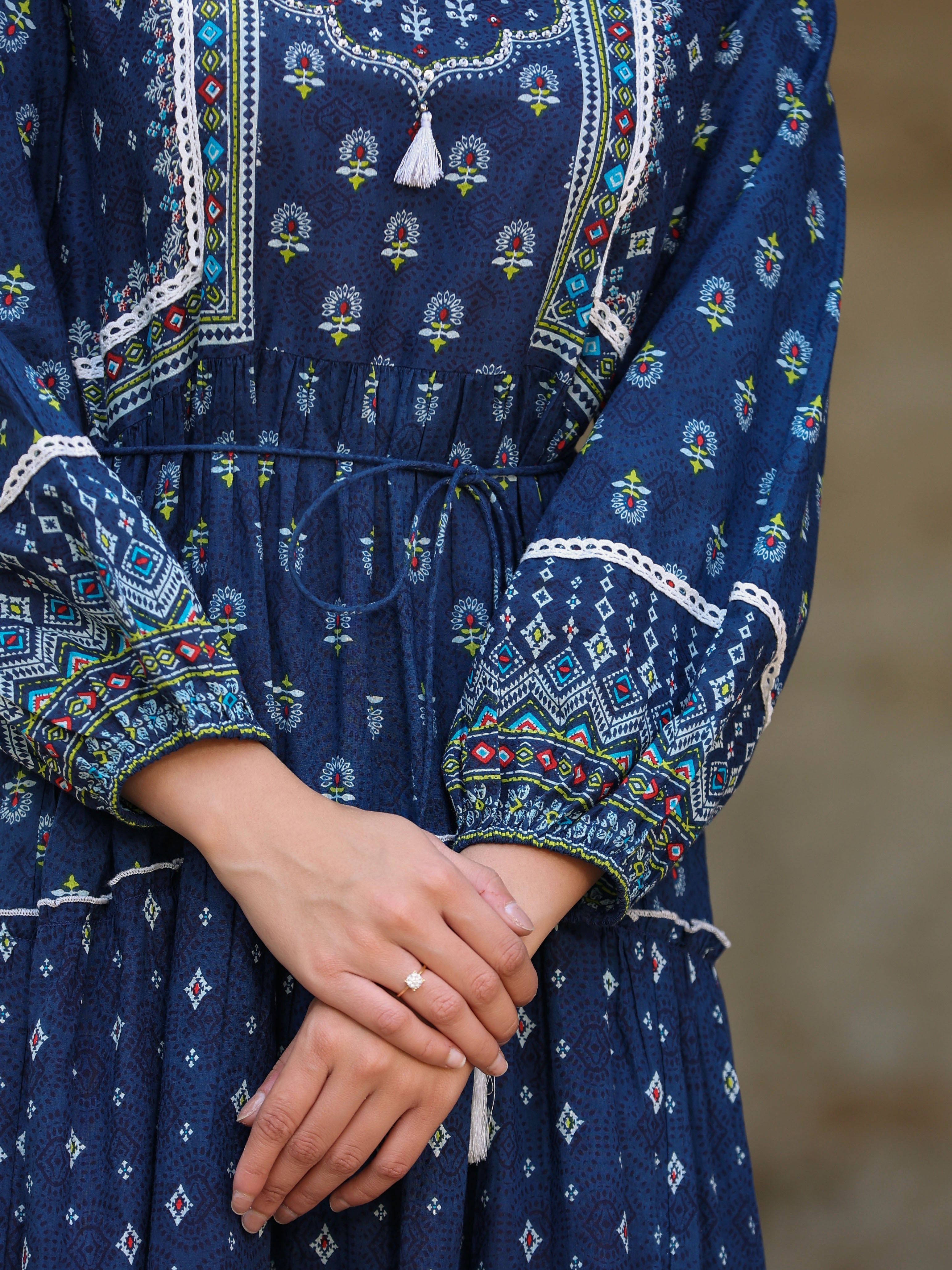 Juniper Navy Blue Ethnic Motif Printed Pure Cotton Tiered Maxi Dress