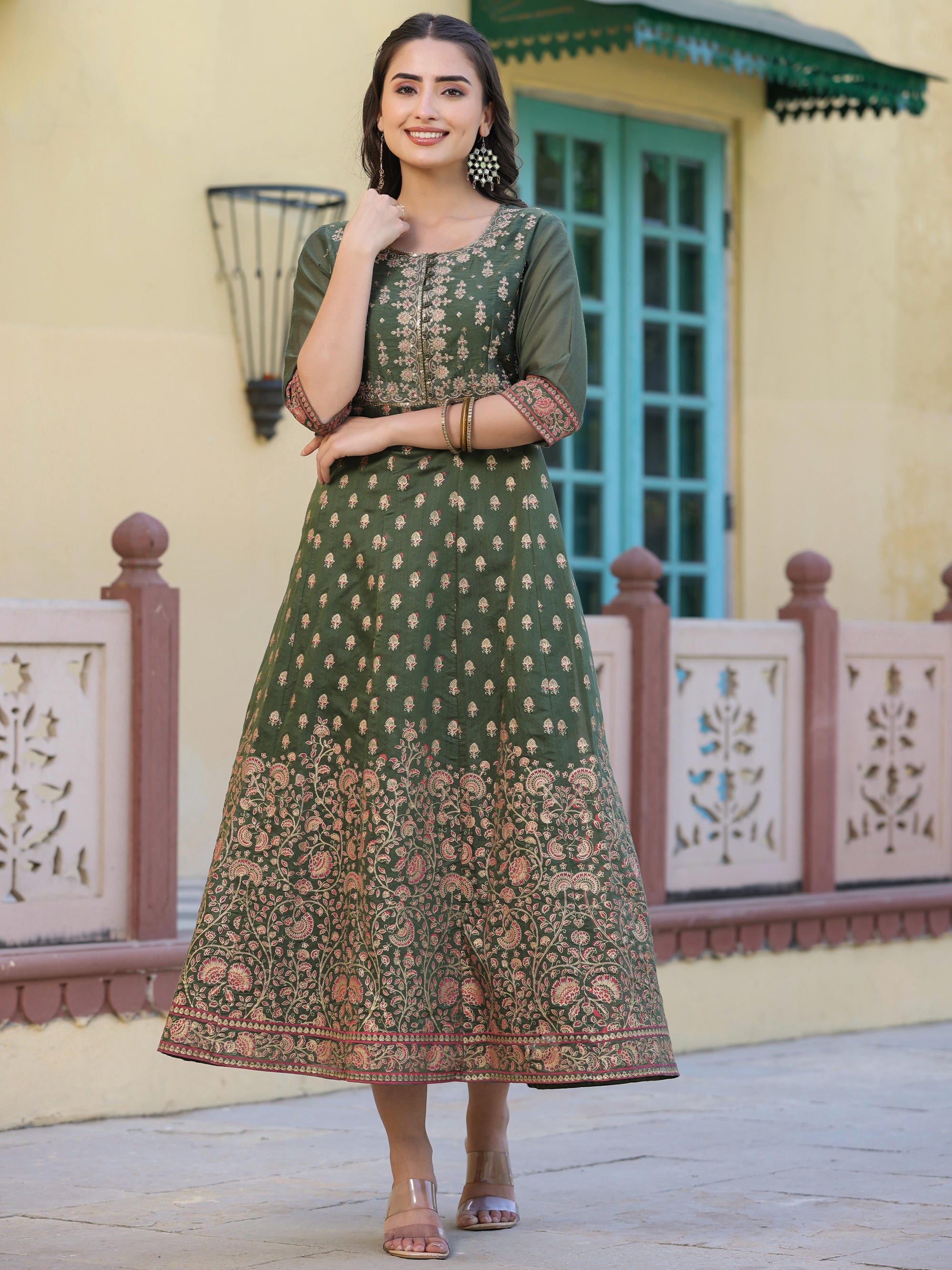 Olive Green Ethnic Motif Printed Chanderi Dress With Sequins & Zari Work