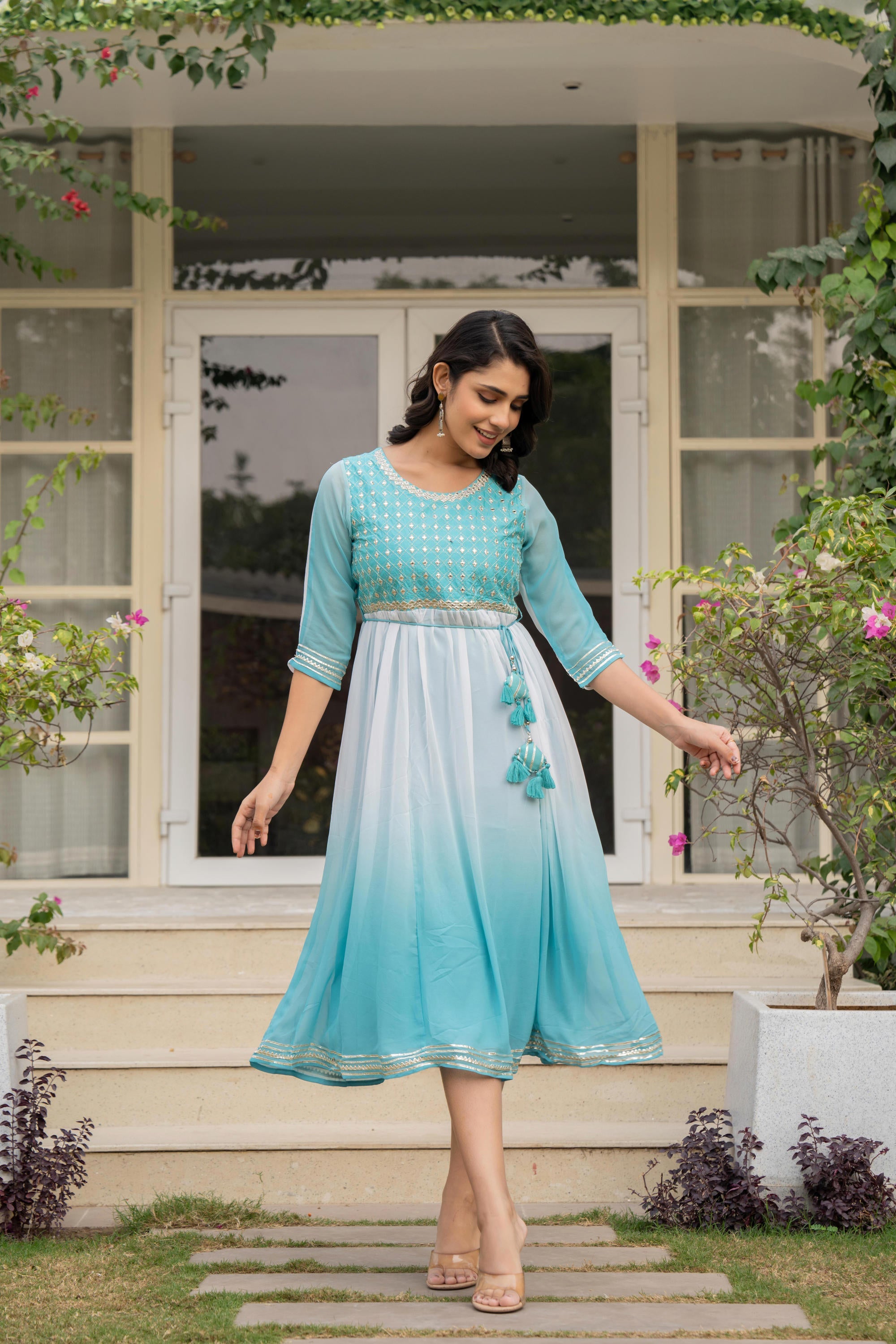 Teal Solid Georgette Dress With Doris At Waist & Mirror Work
