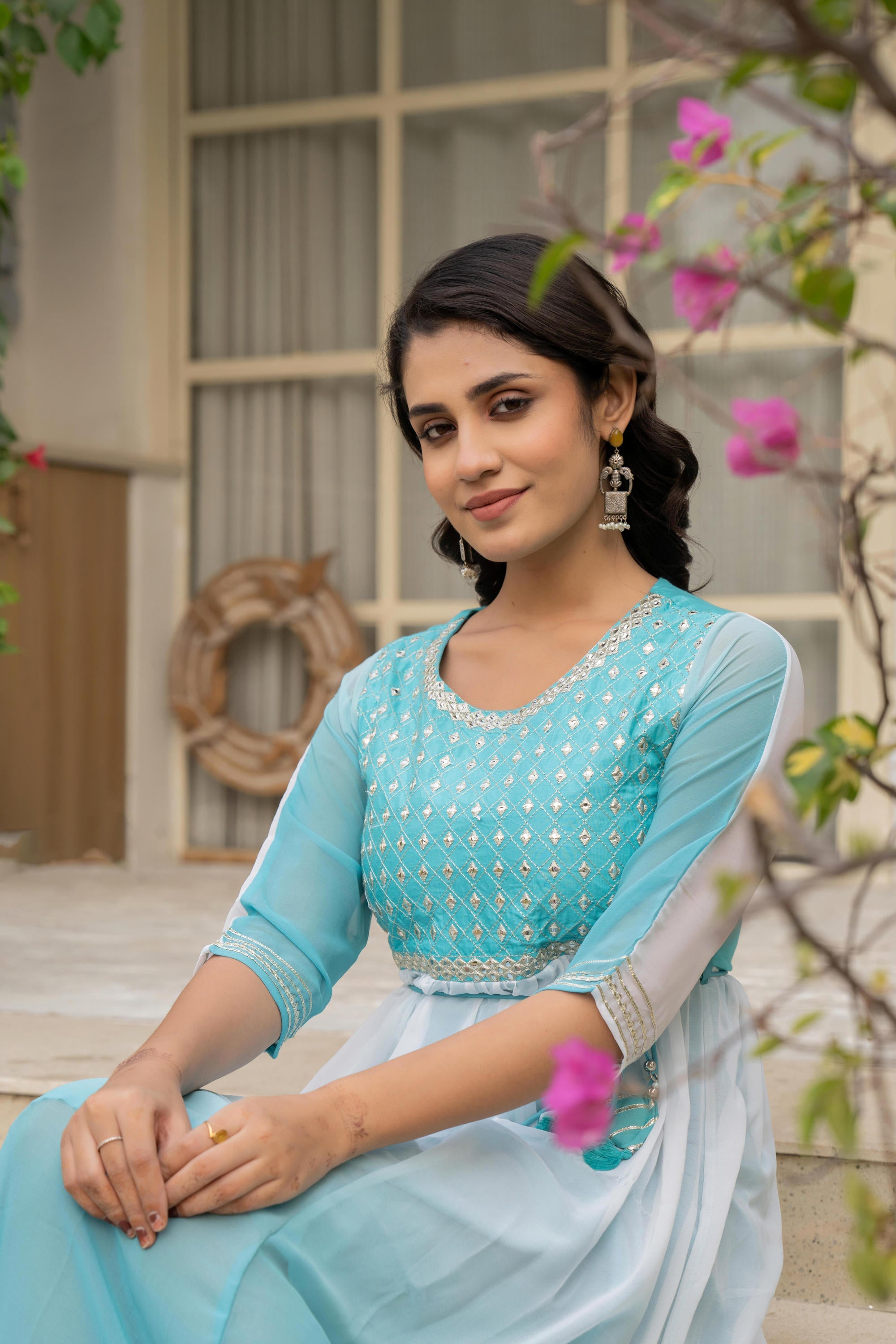 Teal Solid Georgette Dress With Doris At Waist & Mirror Work