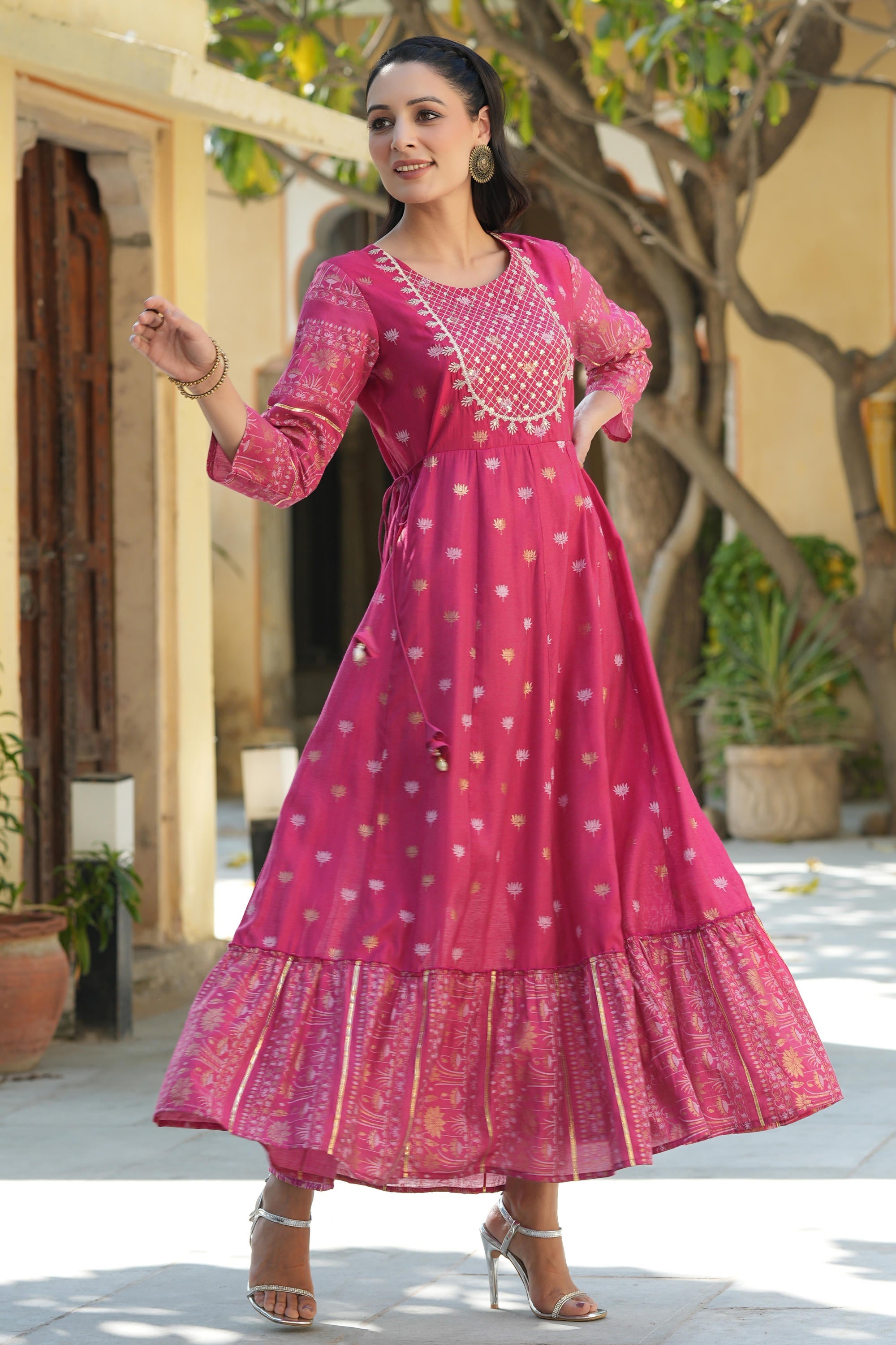 Fuchsia Ethnic Motif Printed Viscose Dress With Doris & Sequins