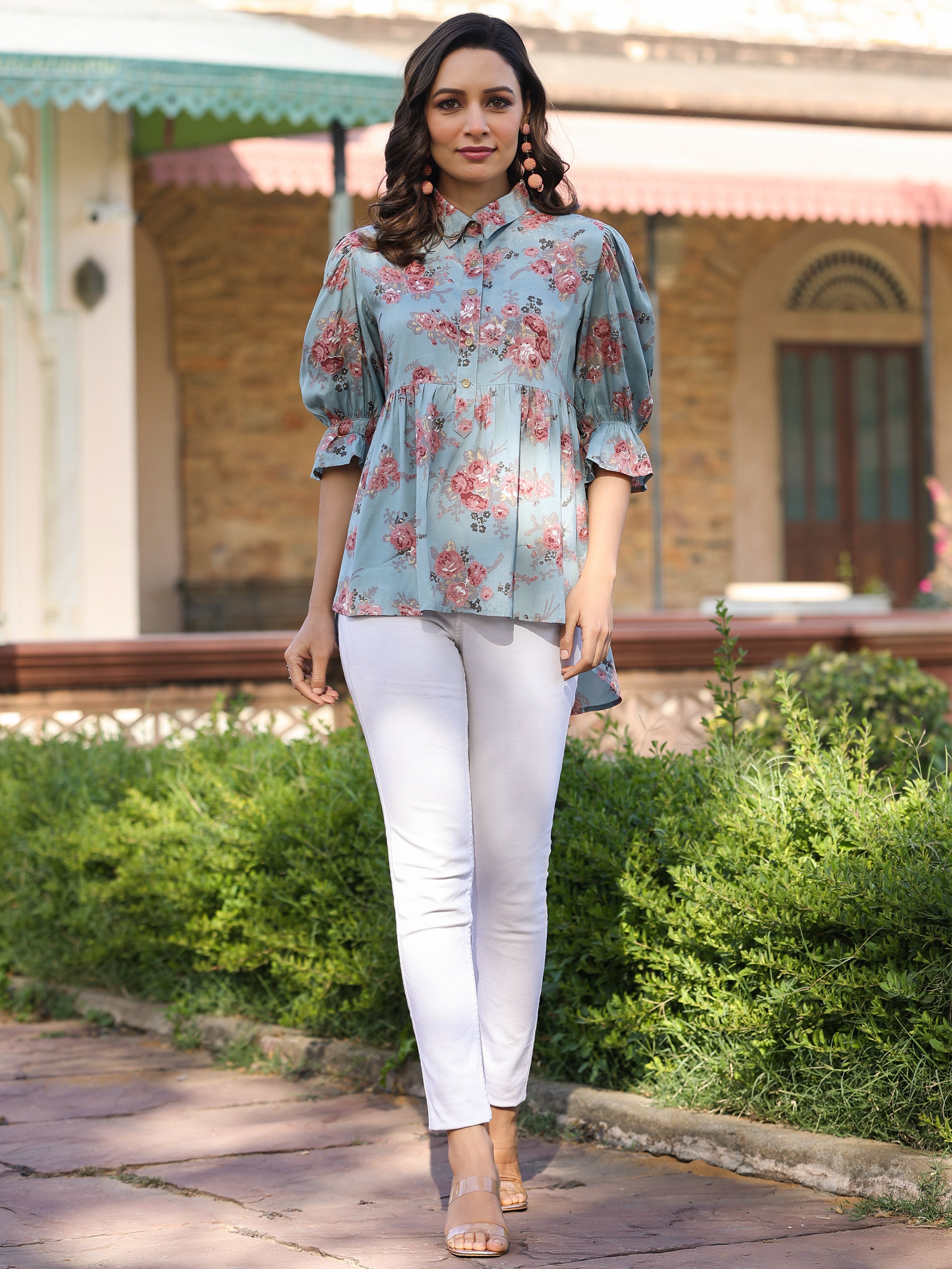 Juniper Women Blue Shantoon Floral Printed High & Low Peplum Tunic