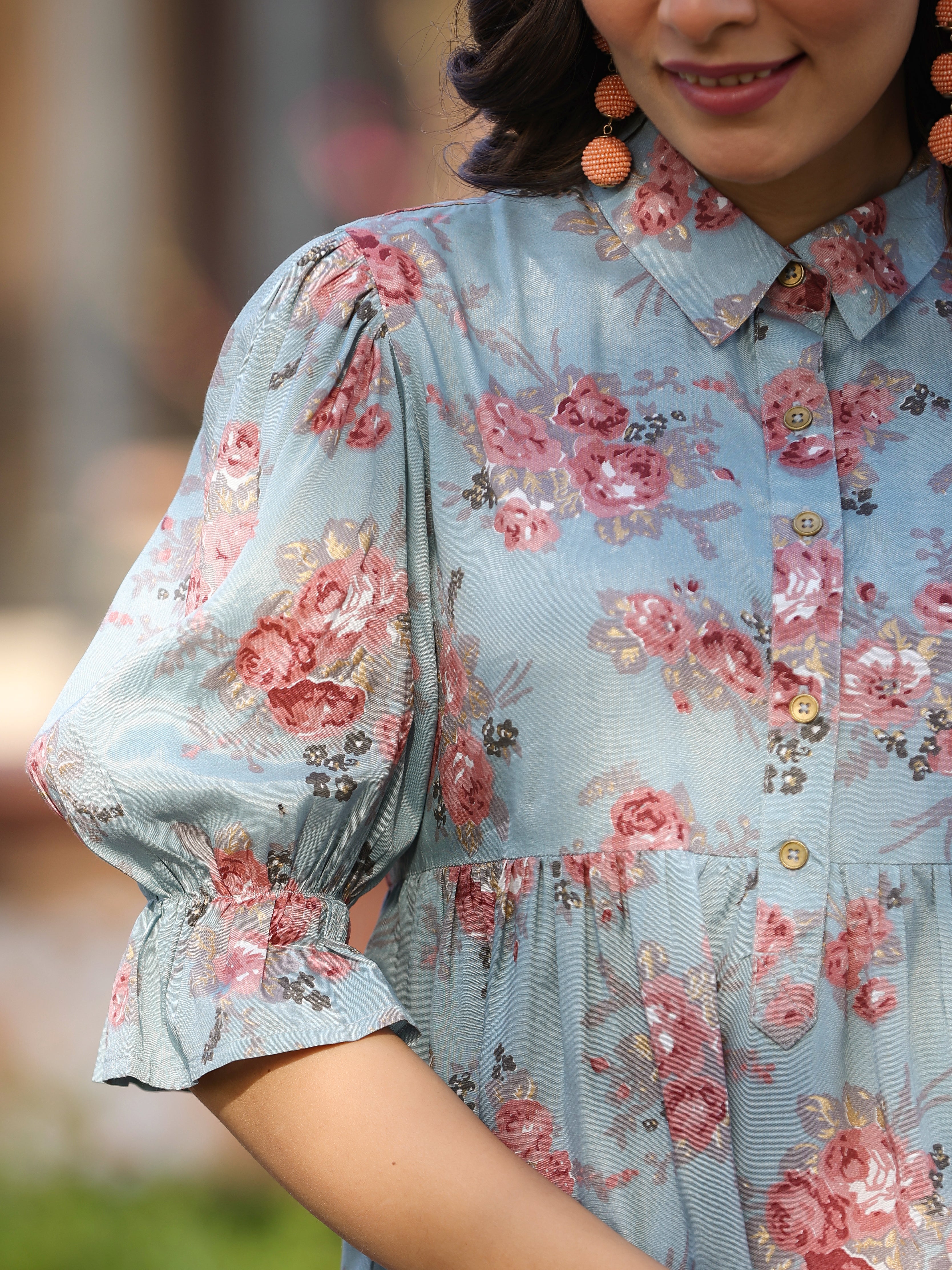 Juniper Women Blue Shantoon Floral Printed High & Low Peplum Tunic