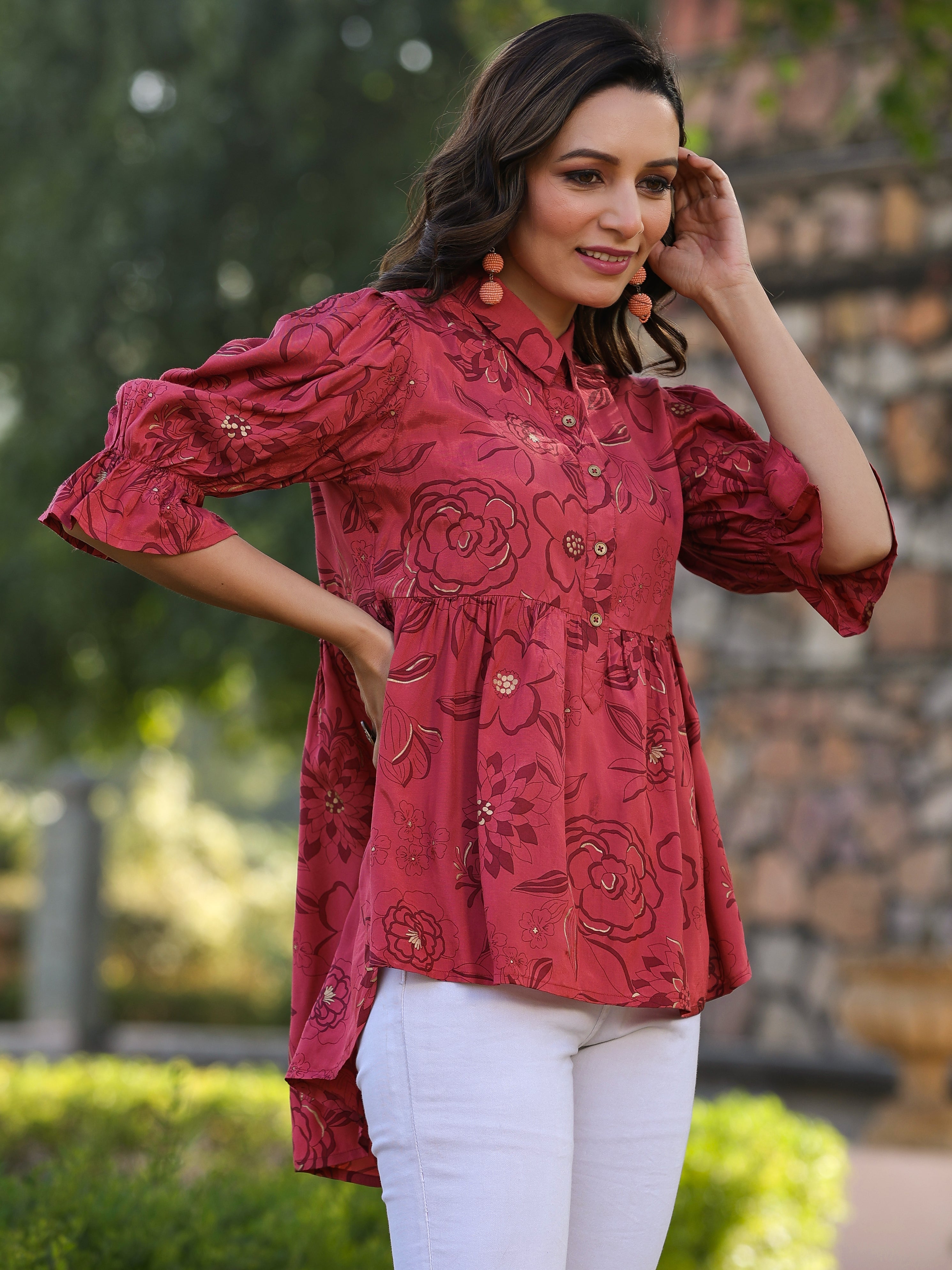 Juniper Women Rust Shantoon Floral Printed High & Low Peplum Tunic