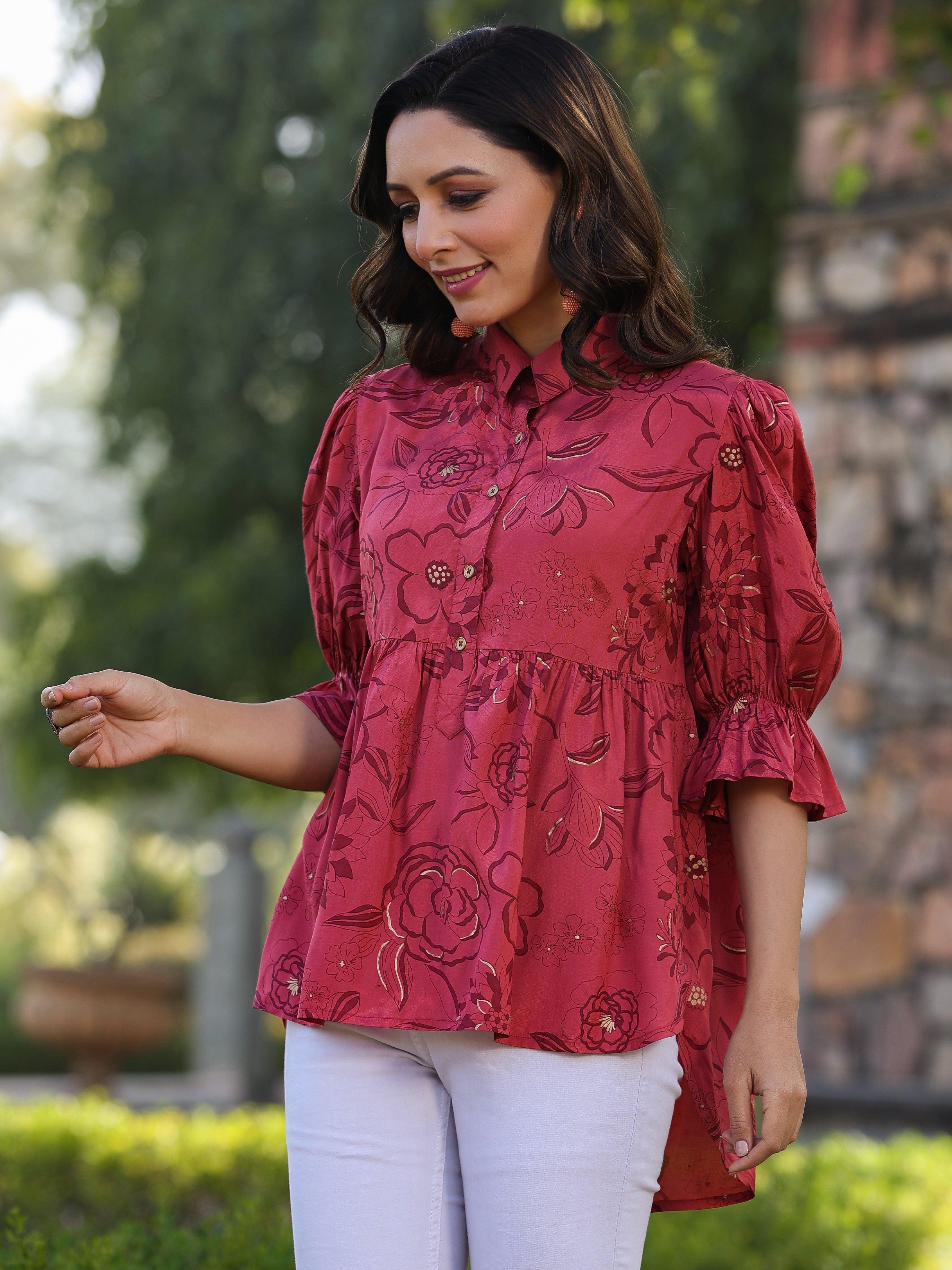 Juniper Women Rust Shantoon Floral Printed High & Low Peplum Tunic