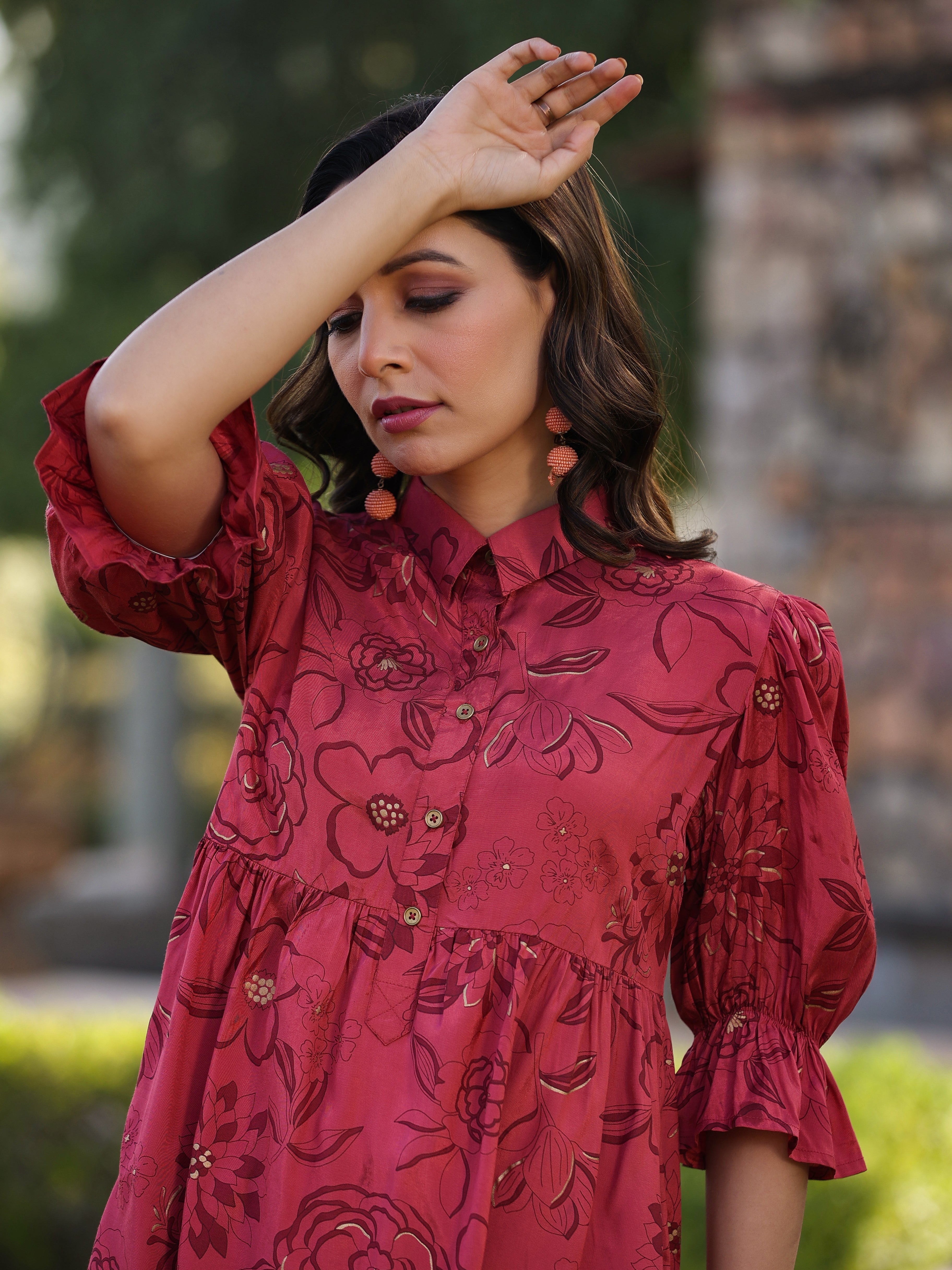 Juniper Women Rust Shantoon Floral Printed High & Low Peplum Tunic