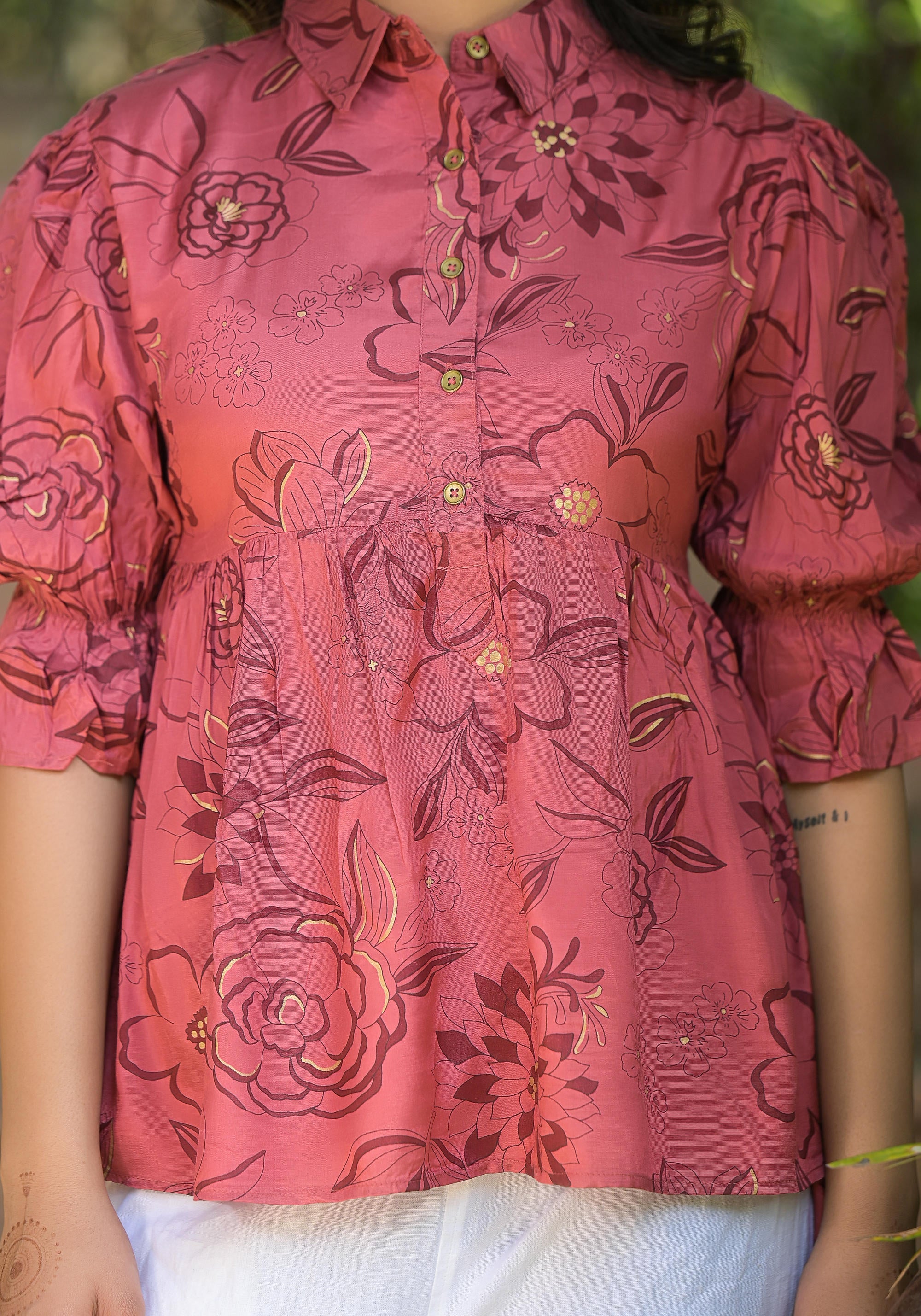Rust Floral Printed Shantoon Tunic With Buttons