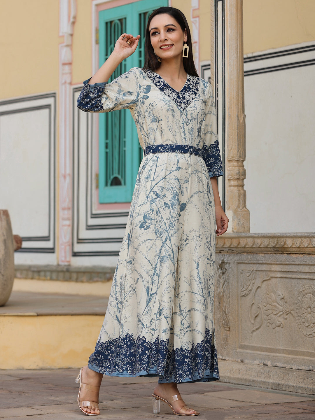 Juniper Off-White Floral Printed Rayon Jumpsuit With Thread Embroidery