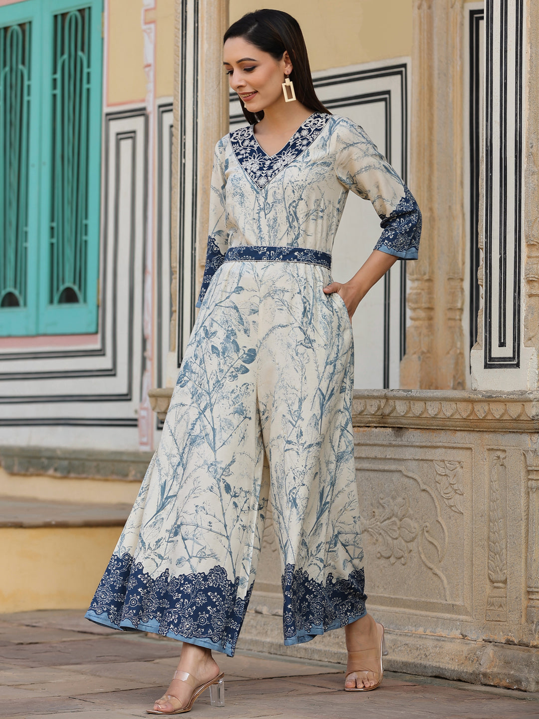 Juniper Off-White Floral Printed Rayon Jumpsuit With Thread Embroidery