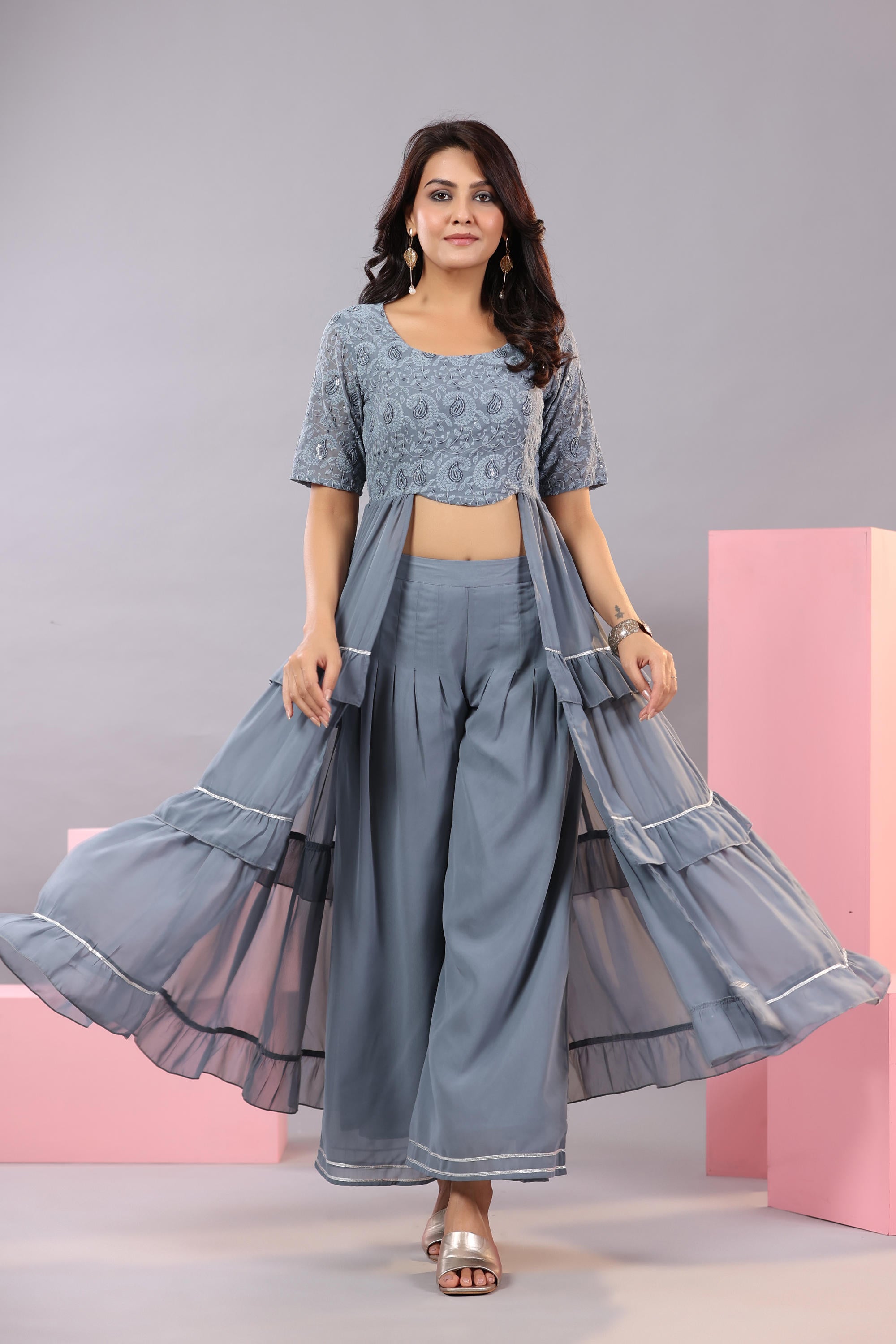 Grey Thread Embroidered Georgette Dress & Palazzo Set With Sequins & Lace