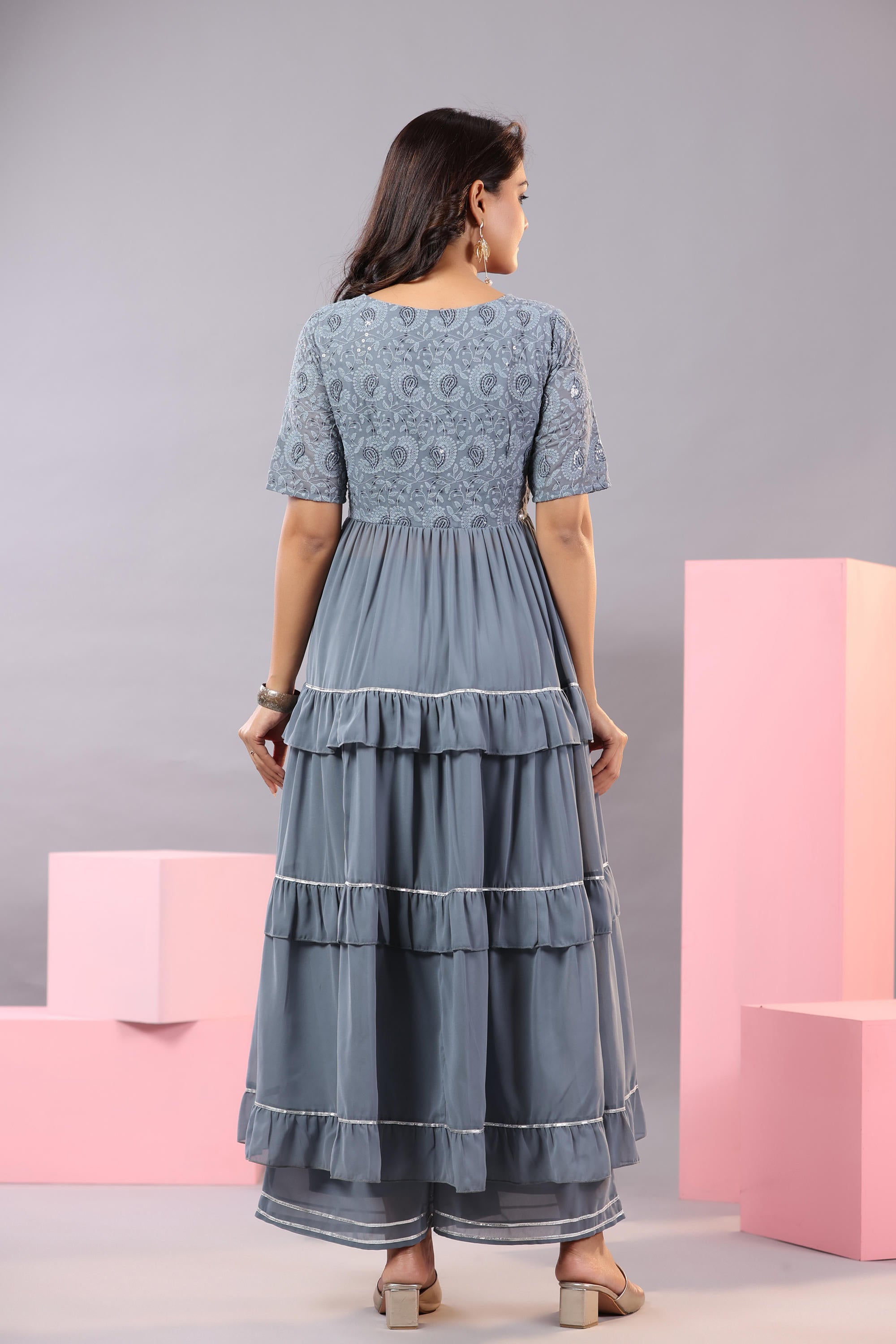 Grey Thread Embroidered Georgette Dress & Palazzo Set With Sequins & Lace