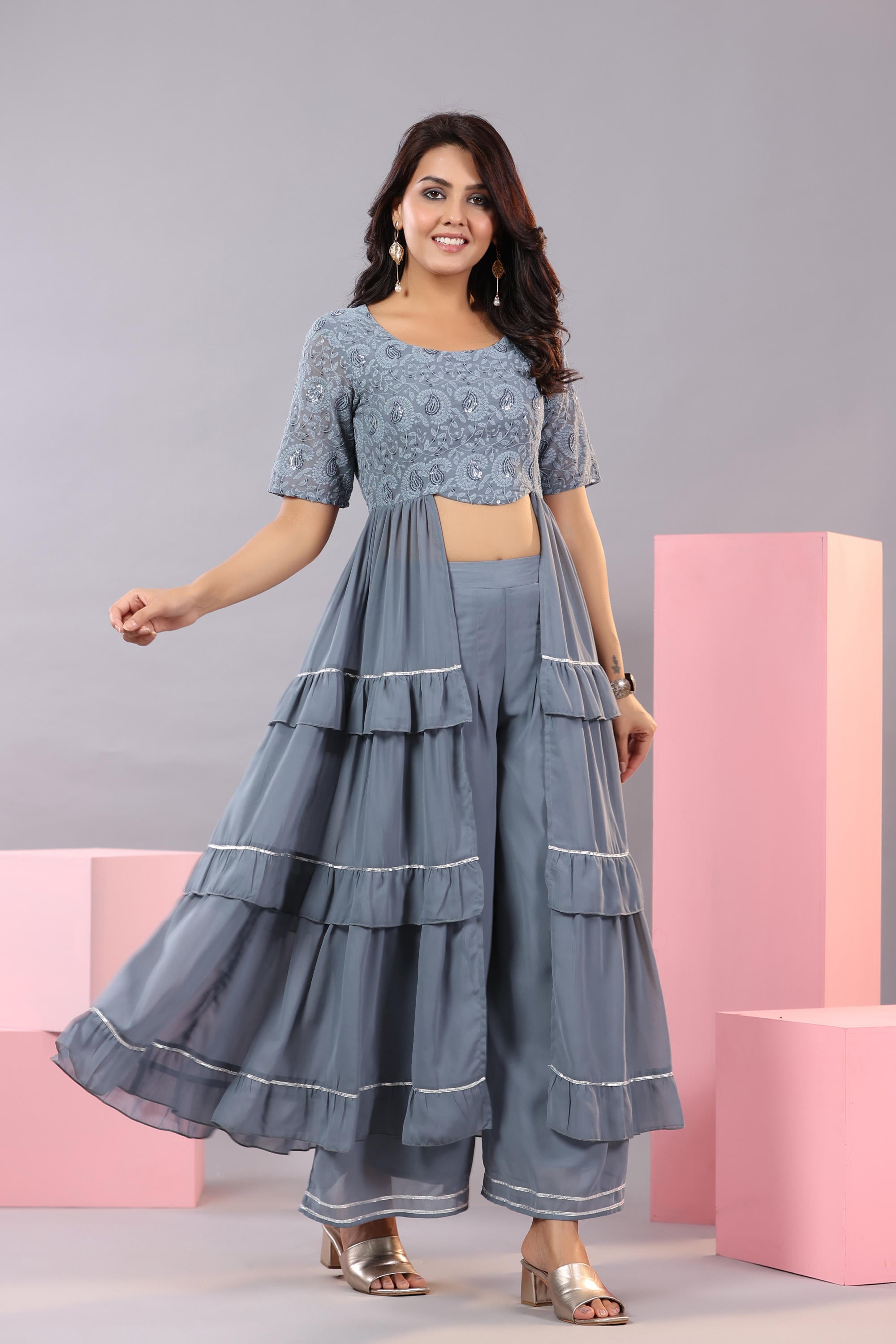 Grey Thread Embroidered Georgette Dress & Palazzo Set With Sequins & Lace