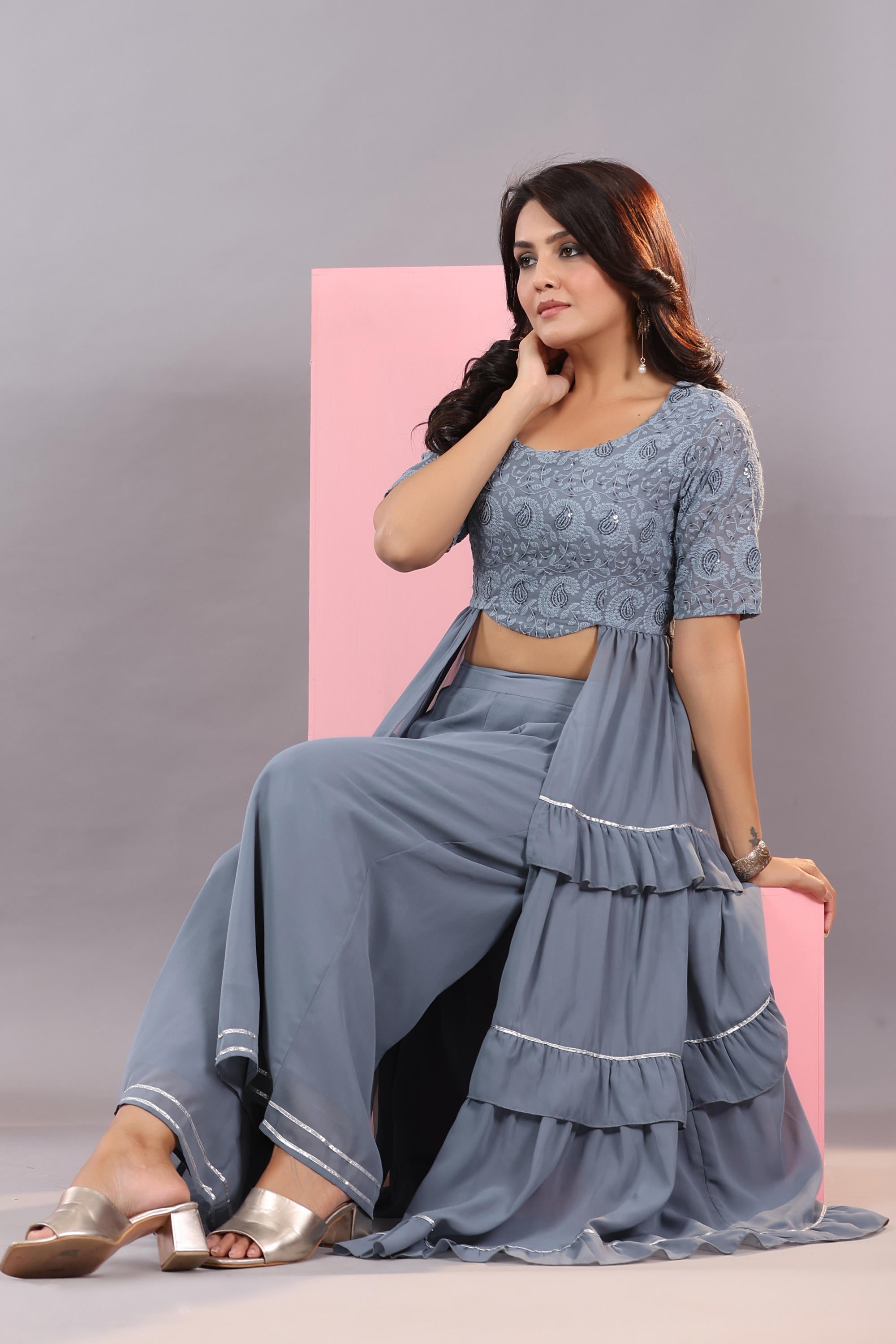 Grey Thread Embroidered Georgette Dress & Palazzo Set With Sequins & Lace