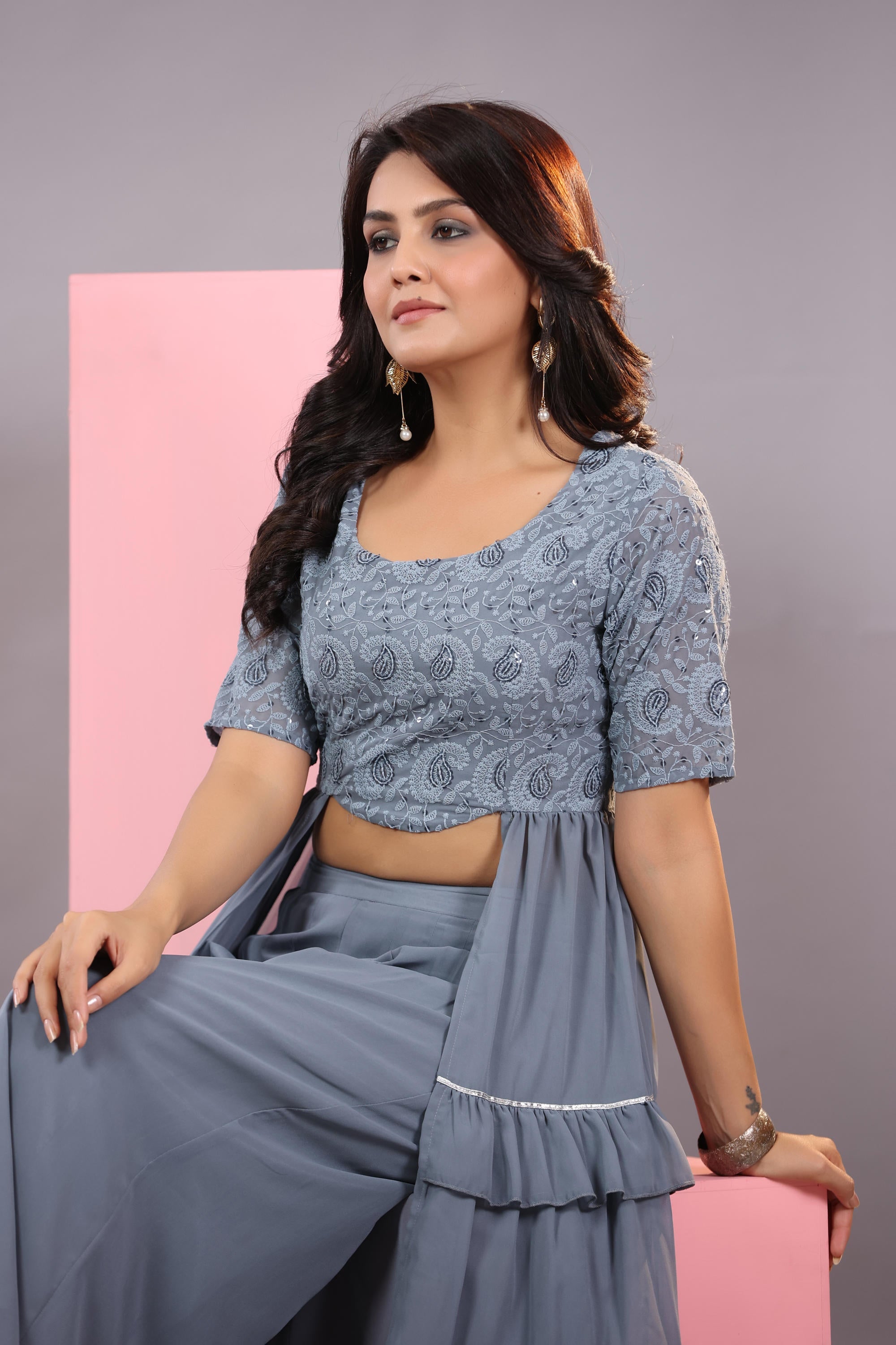 Grey Thread Embroidered Georgette Dress & Palazzo Set With Sequins & Lace