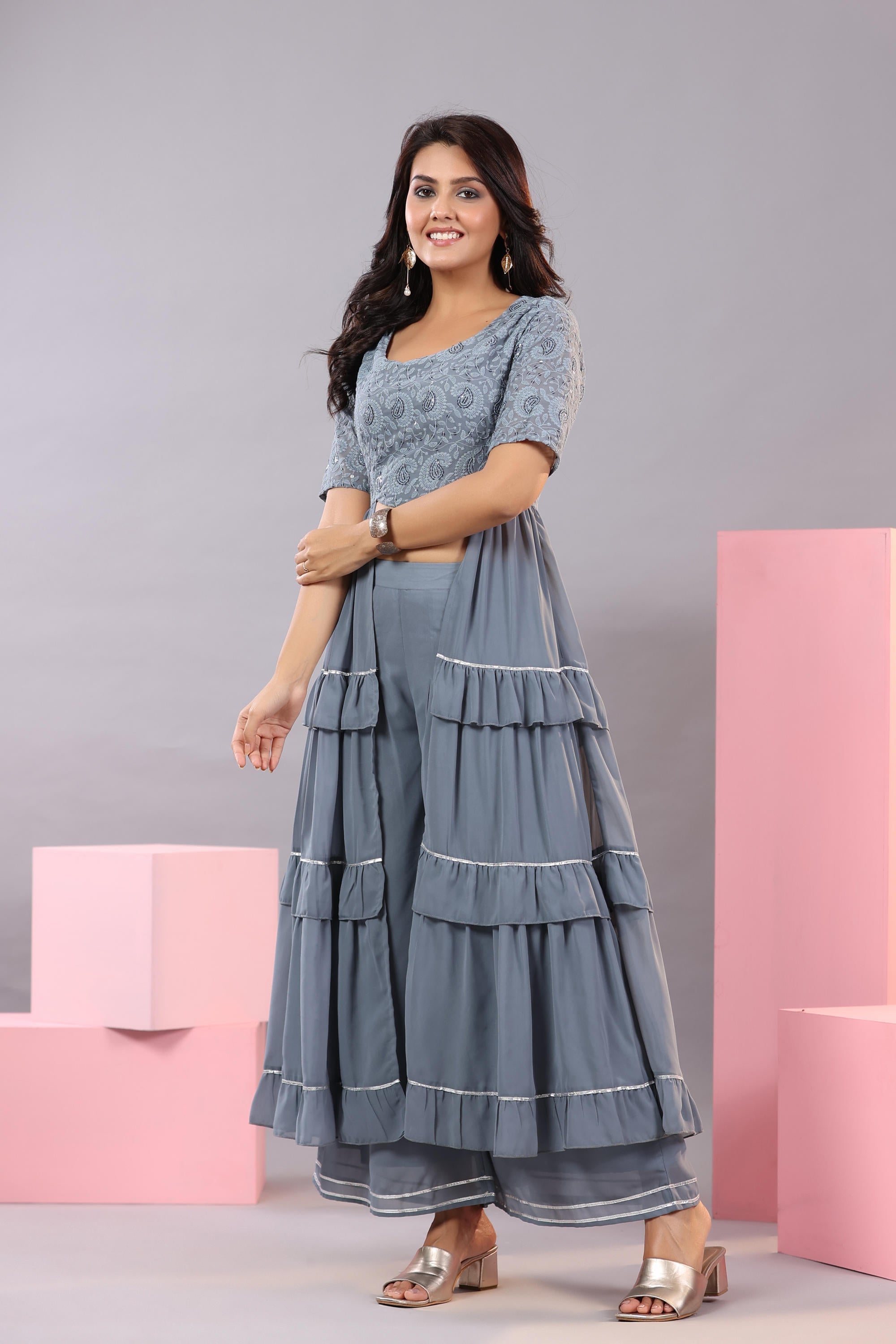 Grey Thread Embroidered Georgette Dress & Palazzo Set With Sequins & Lace
