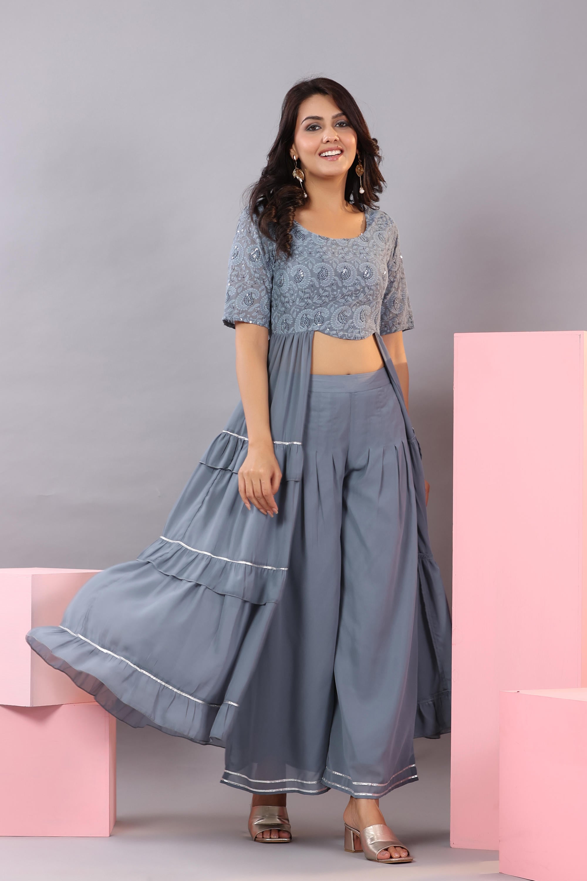 Grey Thread Embroidered Georgette Dress & Palazzo Set With Sequins & Lace