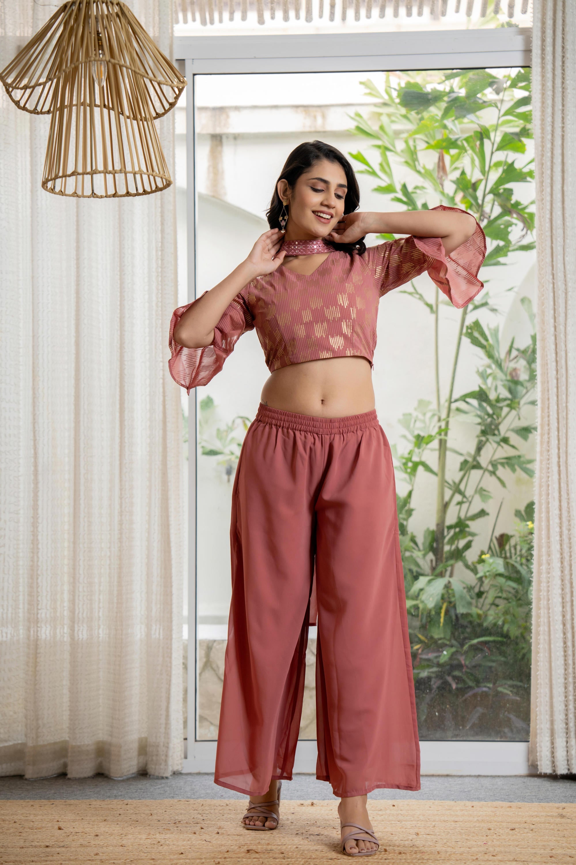 Peach Solid Georgette Crop Top, Palazzo & Dupatta Set With Sequins & Thread Work