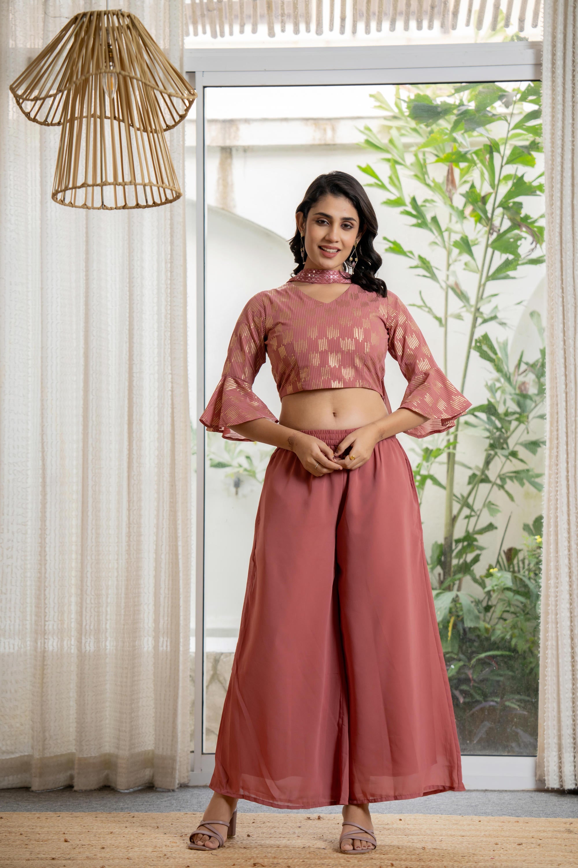 Peach Solid Georgette Crop Top, Palazzo & Dupatta Set With Sequins & Thread Work