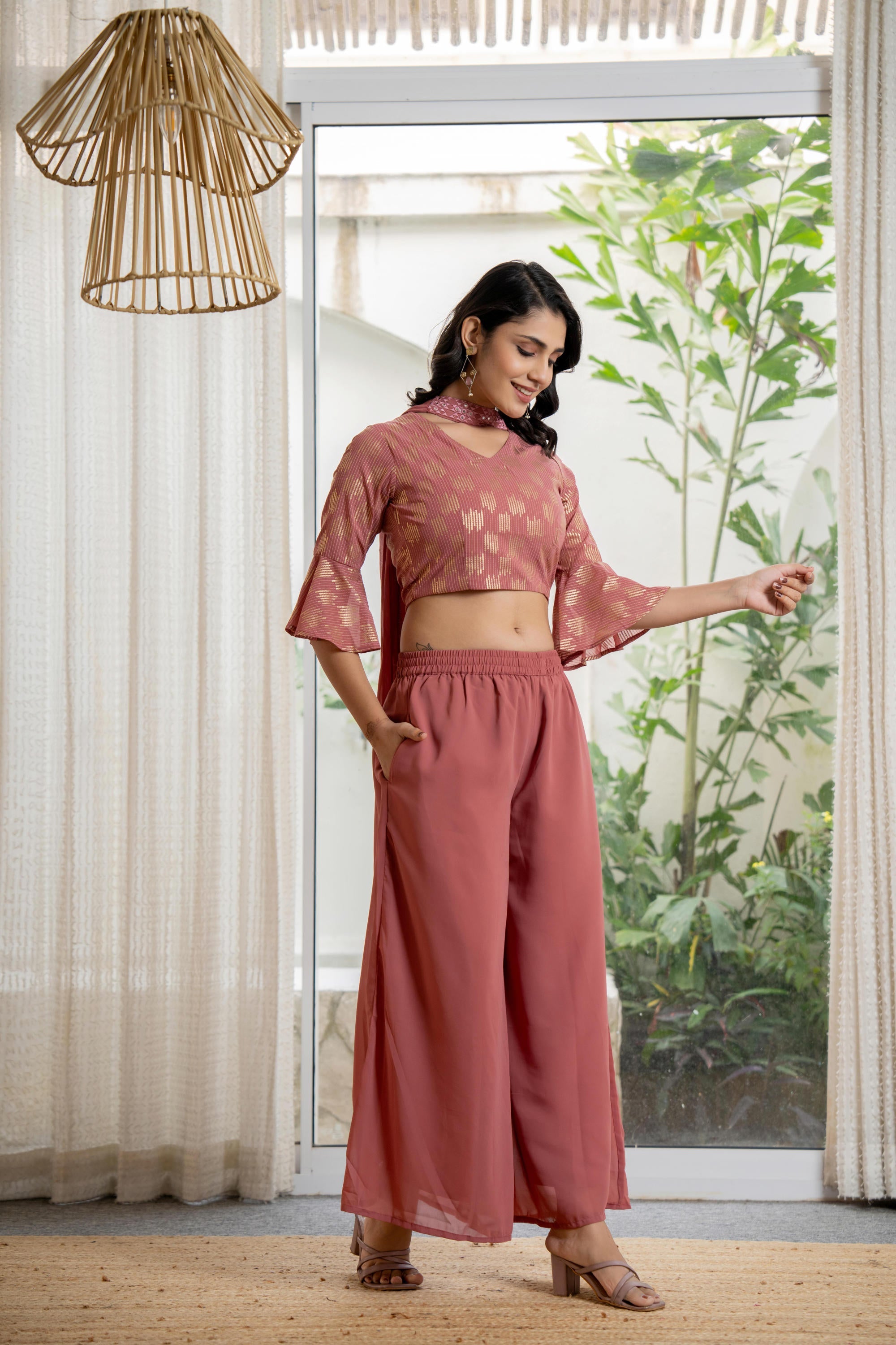 Peach Solid Georgette Crop Top, Palazzo & Dupatta Set With Sequins & Thread Work