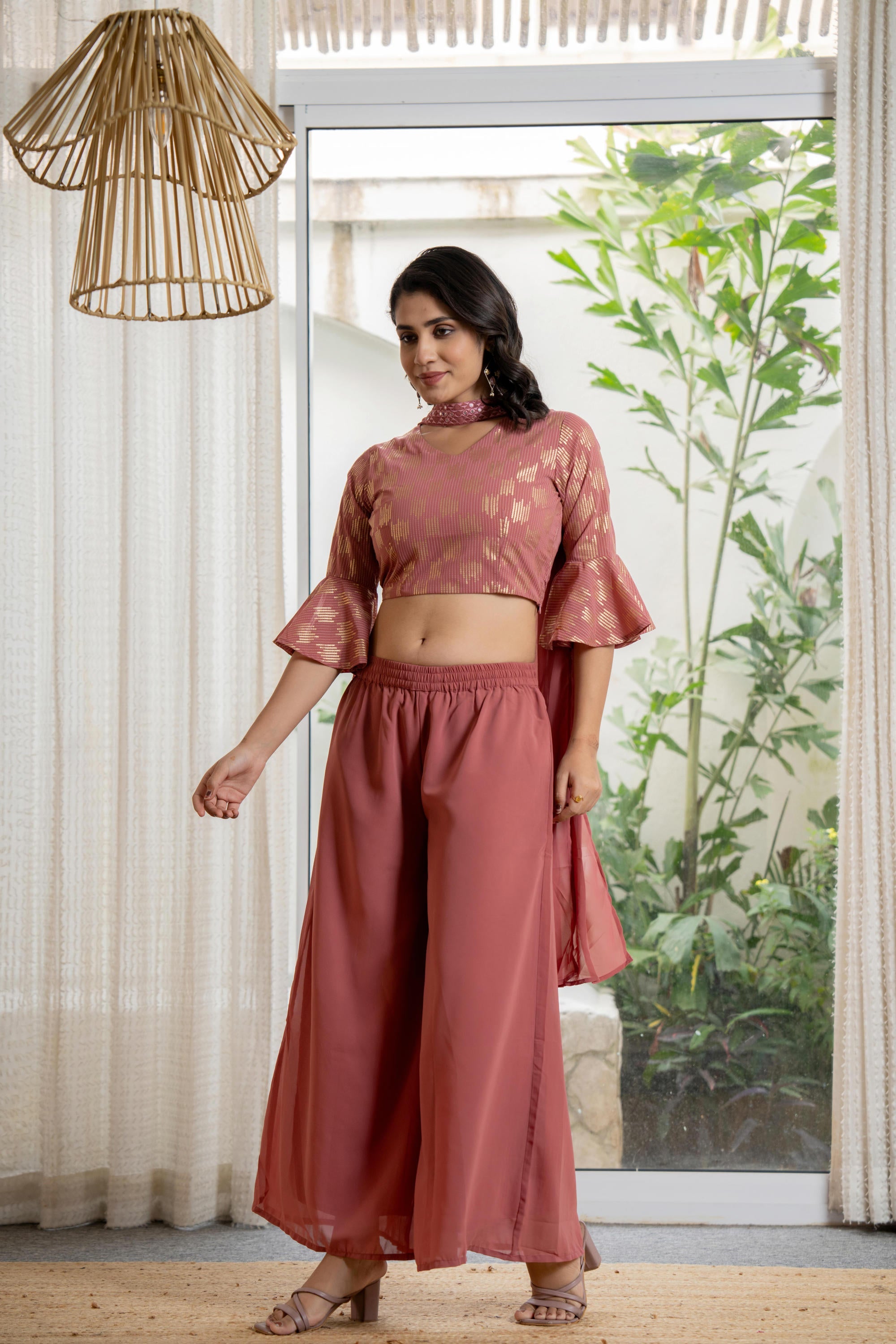 Peach Solid Georgette Crop Top, Palazzo & Dupatta Set With Sequins & Thread Work